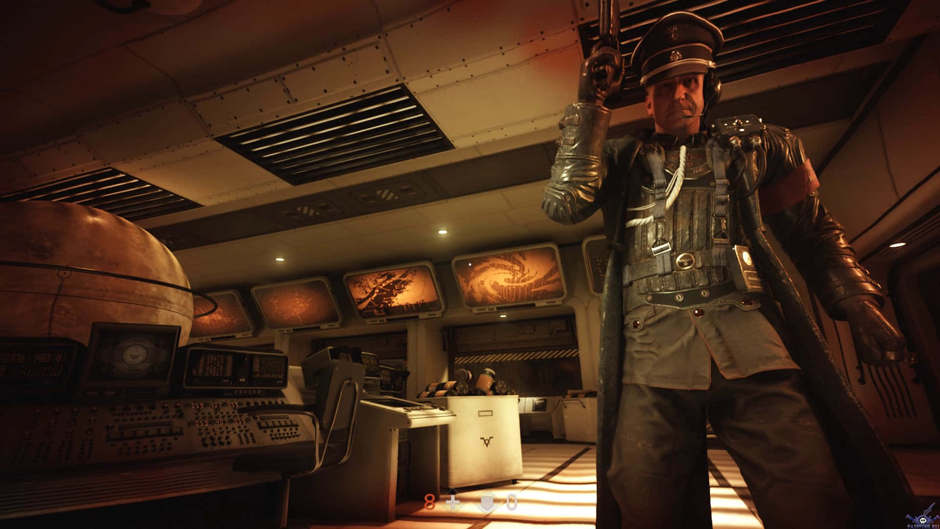 《Wolfenstein II》房間內景 1920x1080 背景 壁紙 — 一名士兵在未來指揮中心手持武器，顯示器上展示著旋轉的宇宙現象。