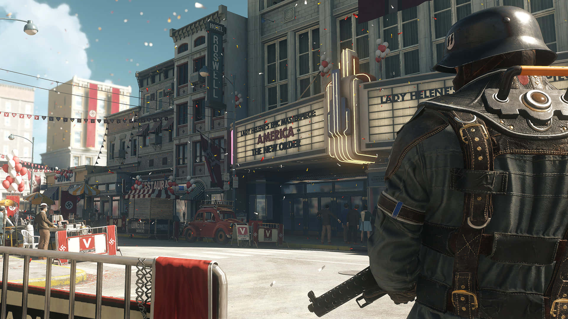 《Wolfenstein II》新巨像 1920x1080 背景 壁紙 — 一名身穿二戰裝備的士兵站在晴朗天空下，面前是節日氣氛的美國劇院招牌。