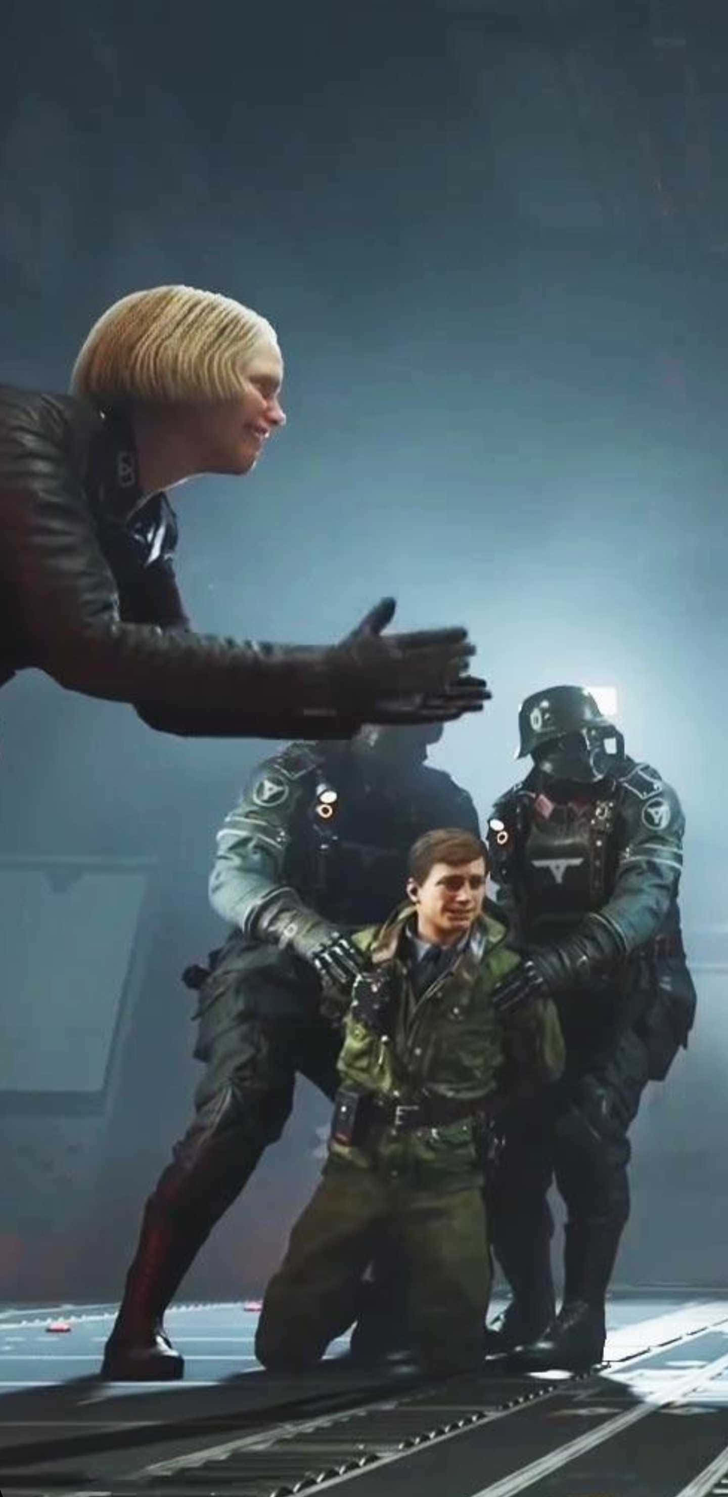 《Wolfenstein II》普羅布斯特·韋特三世與艾琳背景圖 壁紙 — 一個高大的金髮身影籠罩著一個跪著的男子，兩旁有兩名裝甲守衛，在昏暗的工業環境中。
