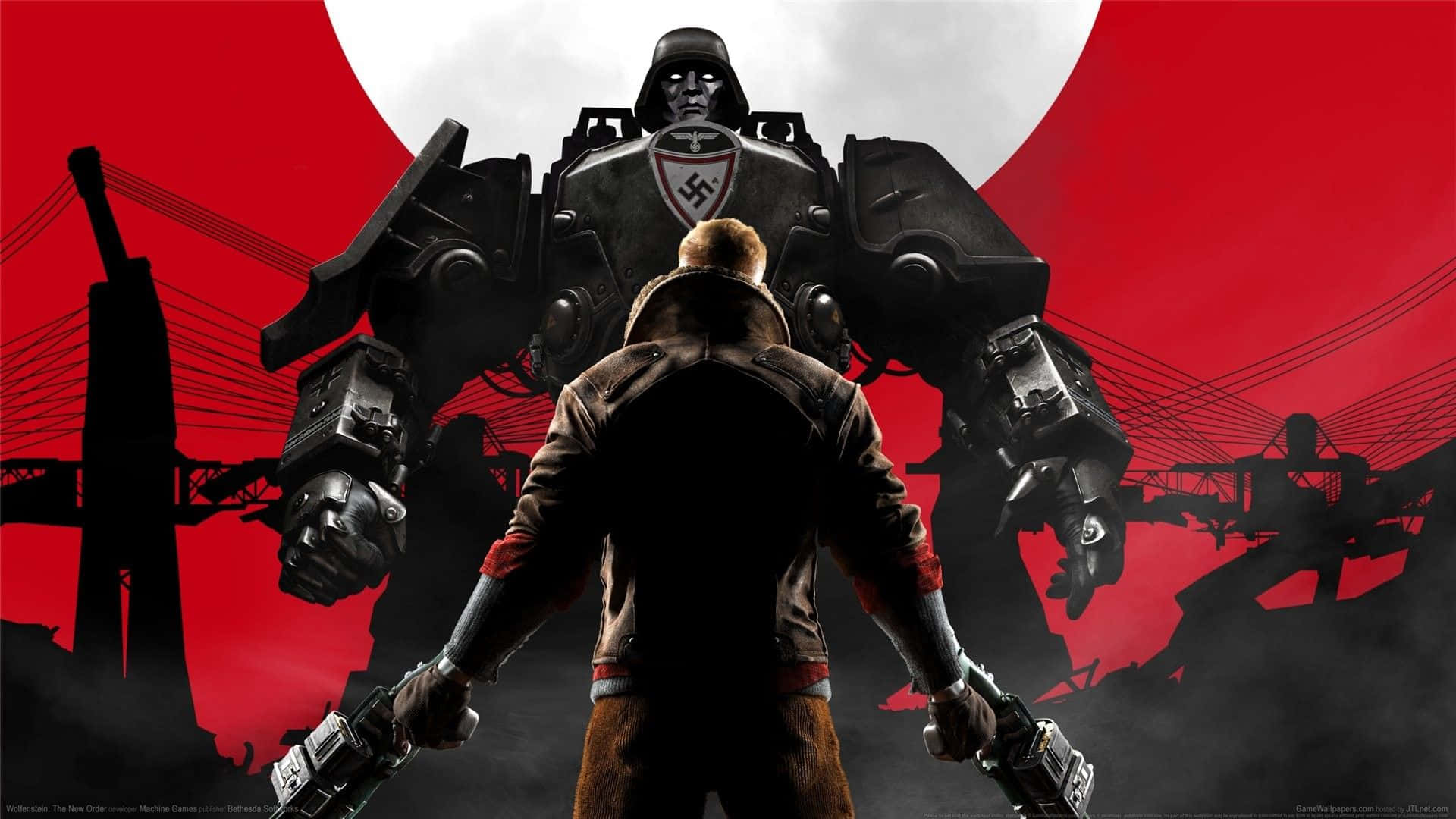 《Wolfenstein II》機器人對決 1920x1080 背景 壁紙 — 一名孤獨的士兵面對著一座高聳的納粹機甲，背景是紅白圓形圖案和工業剪影。