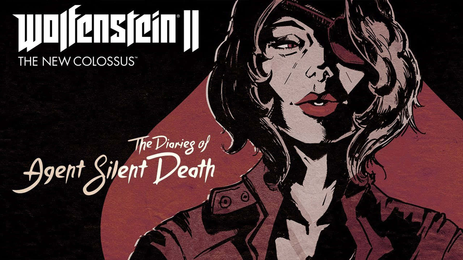 《Wolfenstein II》沉默之死 1920x1080 背景 壁紙 — 一個風格化的插圖，描繪一位穿著軍裝外套的女性，背景為紅色，並帶有遊戲標題文字。