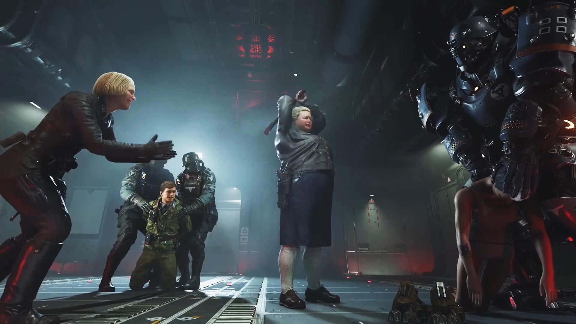 《Wolfenstein II》激烈戰鬥場景 壁紙 — 在昏暗的未來走廊中，裝甲人物與挑釁的老婦人之間的緊張對峙。