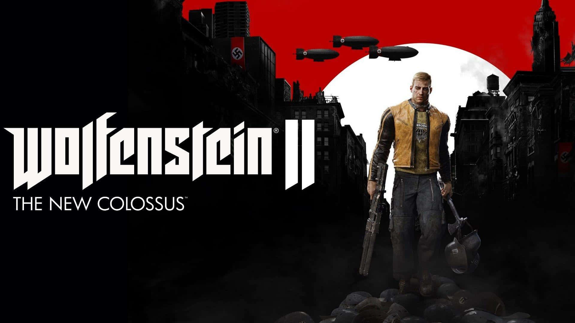 《Wolfenstein II》紅天 1920x1080 背景 壁紙 — 一名士兵站在廢墟城市中，紅色天空下有飛船飛過，Wolfenstein II 標誌隱現。