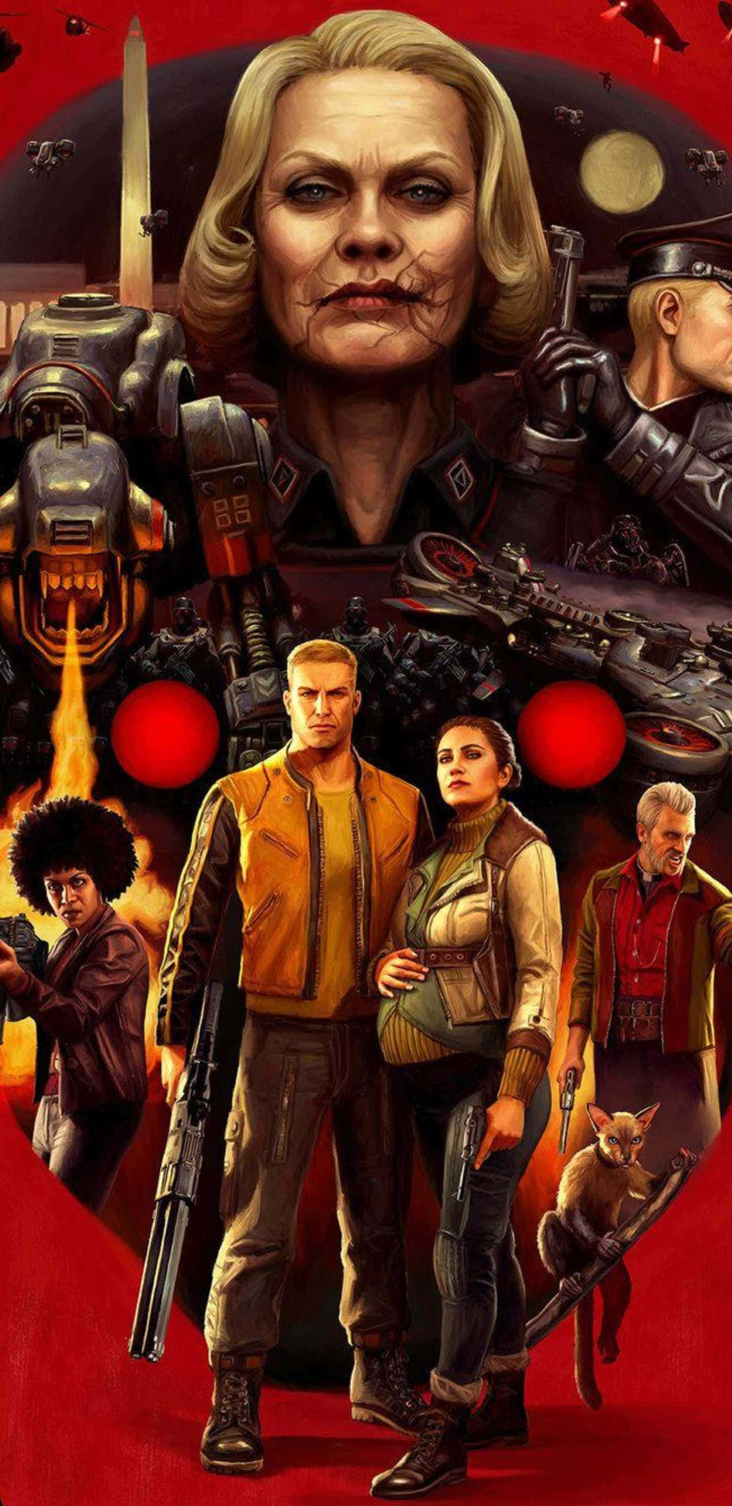 《Wolfenstein II》角色海報背景圖 壁紙 — 一幅戲劇性的科幻插圖，展示一位嚴肅的金髮女子，位於一群手持未來武器的武裝叛軍和一隻貓之上，背景是火紅色的。