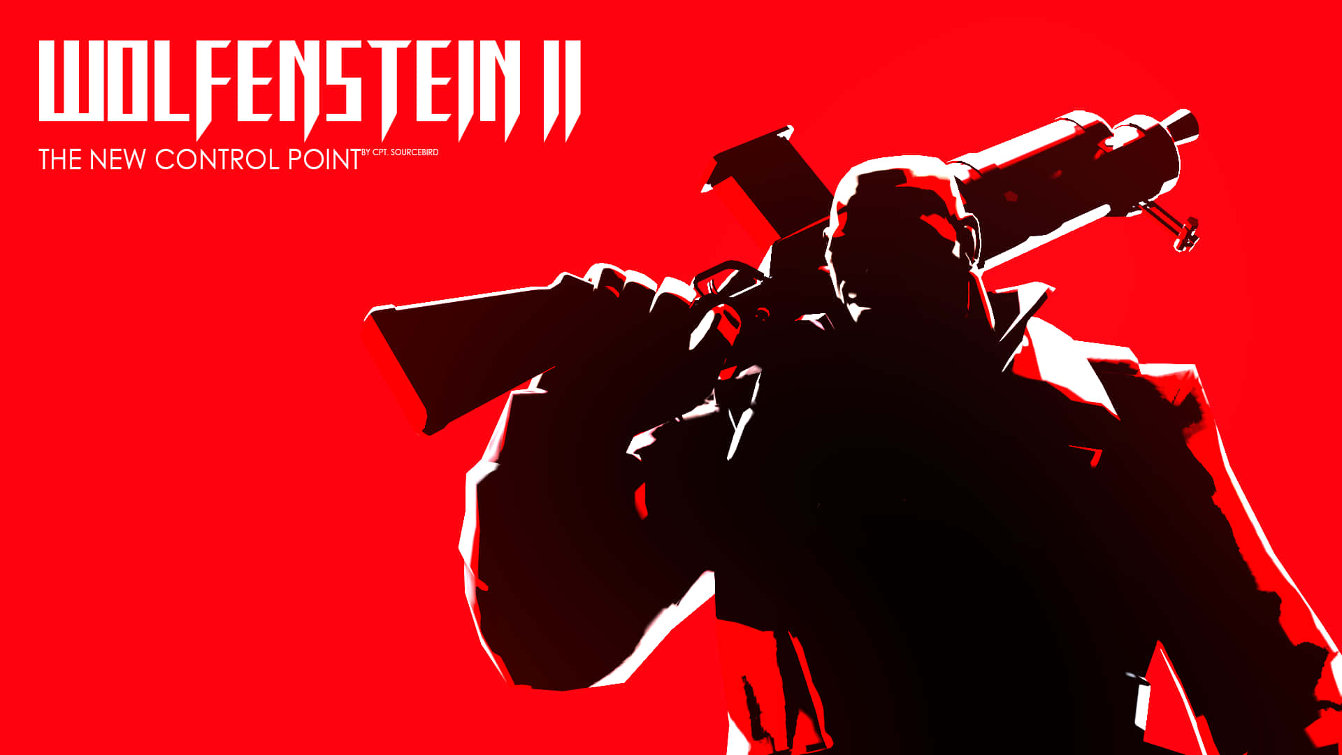 《Wolfenstein II》遊戲背景：陰影人物 壁紙 — 一個大膽的士兵剪影，揮舞重型武器，背景為鮮紅色，並帶有遊戲標題文字。