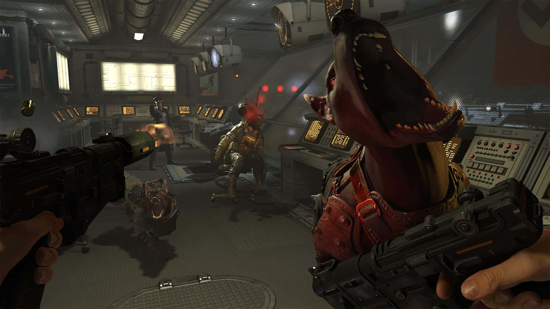 《Wolfenstein II》遊戲背景：狗的攻擊 壁紙 — 科幻太空船控制室內，一隻咆哮的恐龍狀生物和武裝船員的第一人稱射擊視角。