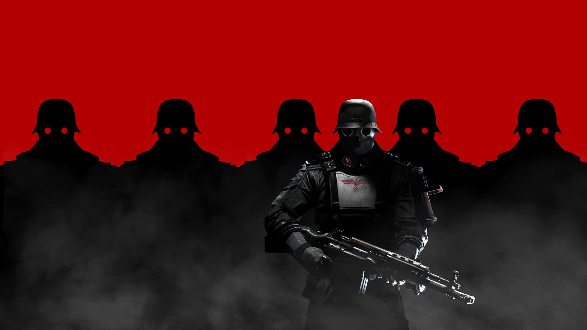 《Wolfenstein II》黑色剪影 1920x1080 背景 壁紙 — 剪影士兵眼睛發光，站在煙霧中，背景是鮮紅色，中央人物身穿詳細裝備，手持步槍。