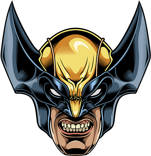Wolverine漫畫風格面具藝術 壁紙 — 一幅漫畫風格的兇猛金剛狼肖像，戴著金色骷髏面具和尖牙，背景為黑色。