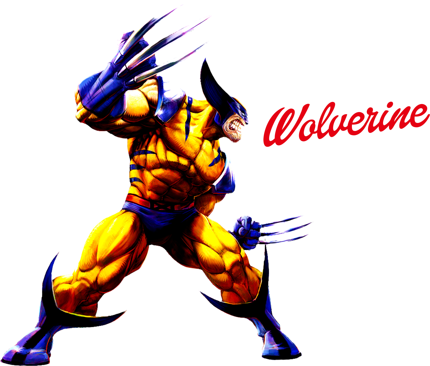 Wolverine 行動姿勢 壁紙 — 狼人穿著黃藍色戰衣，在黑色背景前伸出利爪向前猛撲。