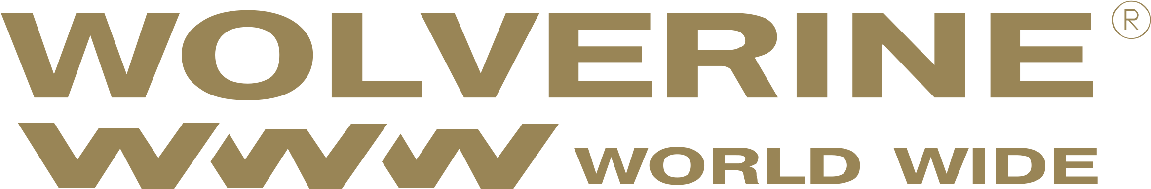 Wolverine World Wide 標誌 壁紙 — 黑色背景上的粗體金色文字顯示「WOLVERINE WWW WORLD WIDE」及註冊商標符號。
