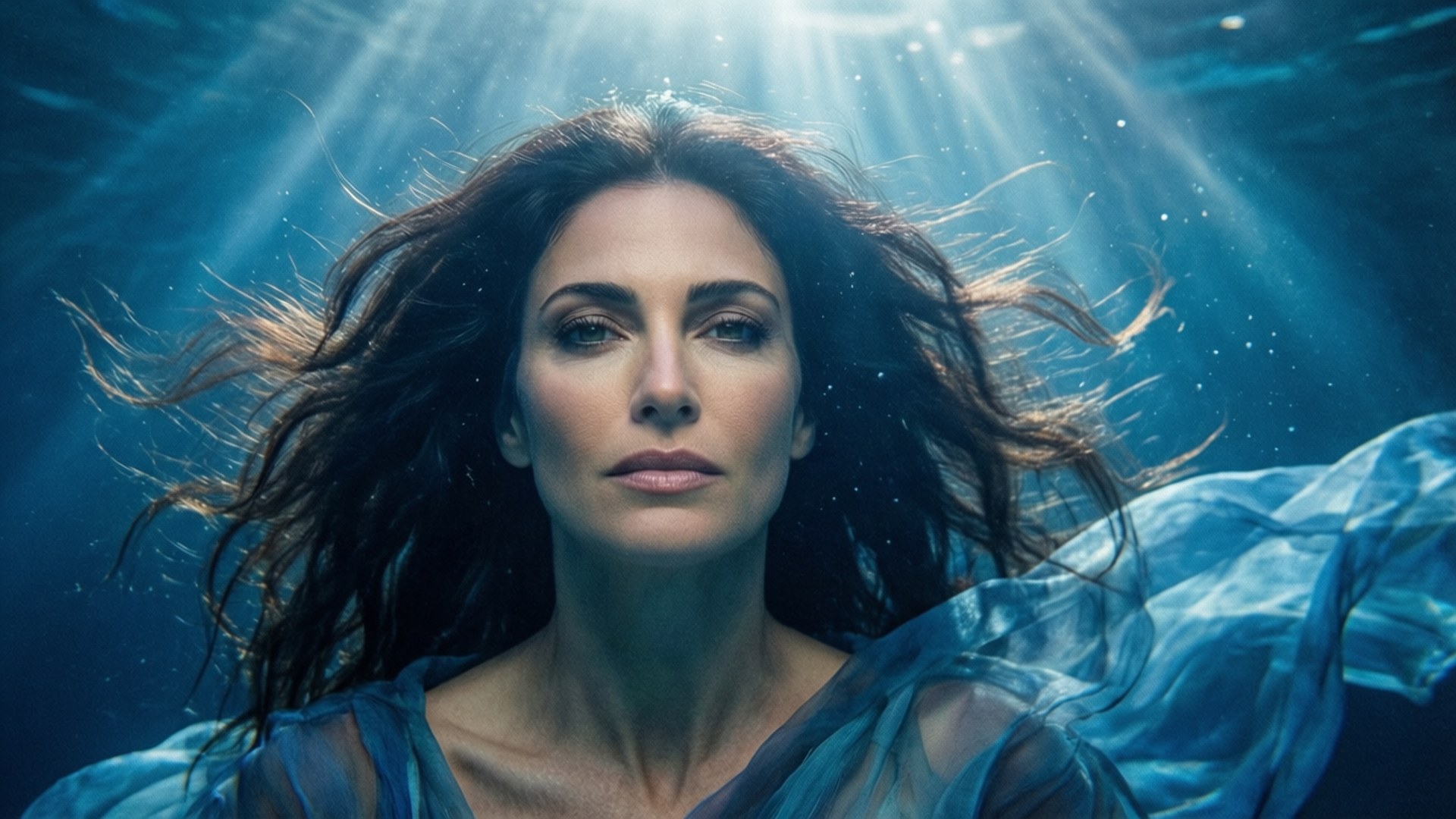 Paz Vega 桌布 壁紙 — 一位深色頭髮的女性在水下漂浮，陽光以藍色調照射在她周圍。
