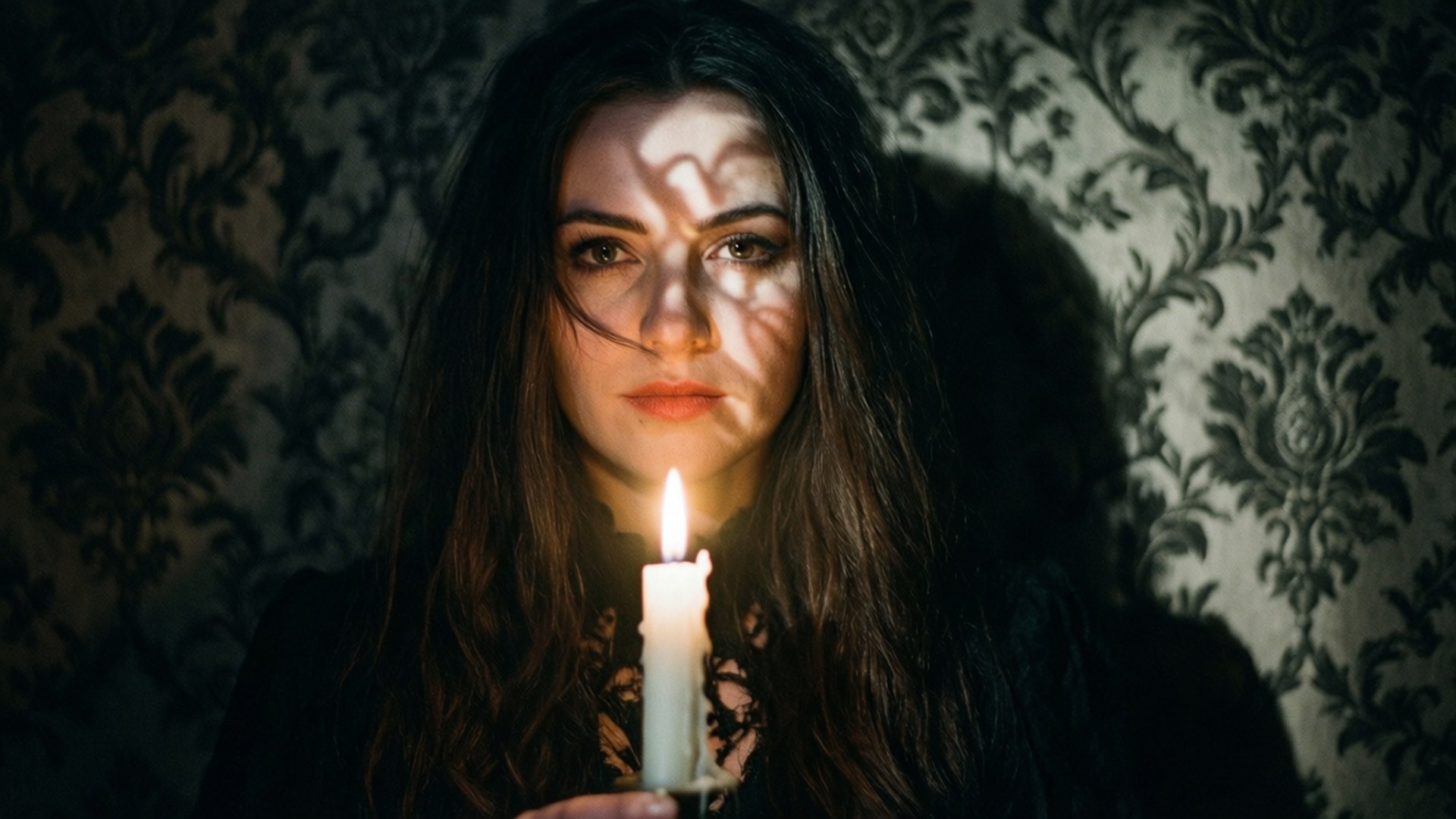 Candle in the Dark 壁紙 — 一位長黑髮的女性手持點燃的蠟燭，在華麗壁紙前於臉上投射出戲劇性的陰影。