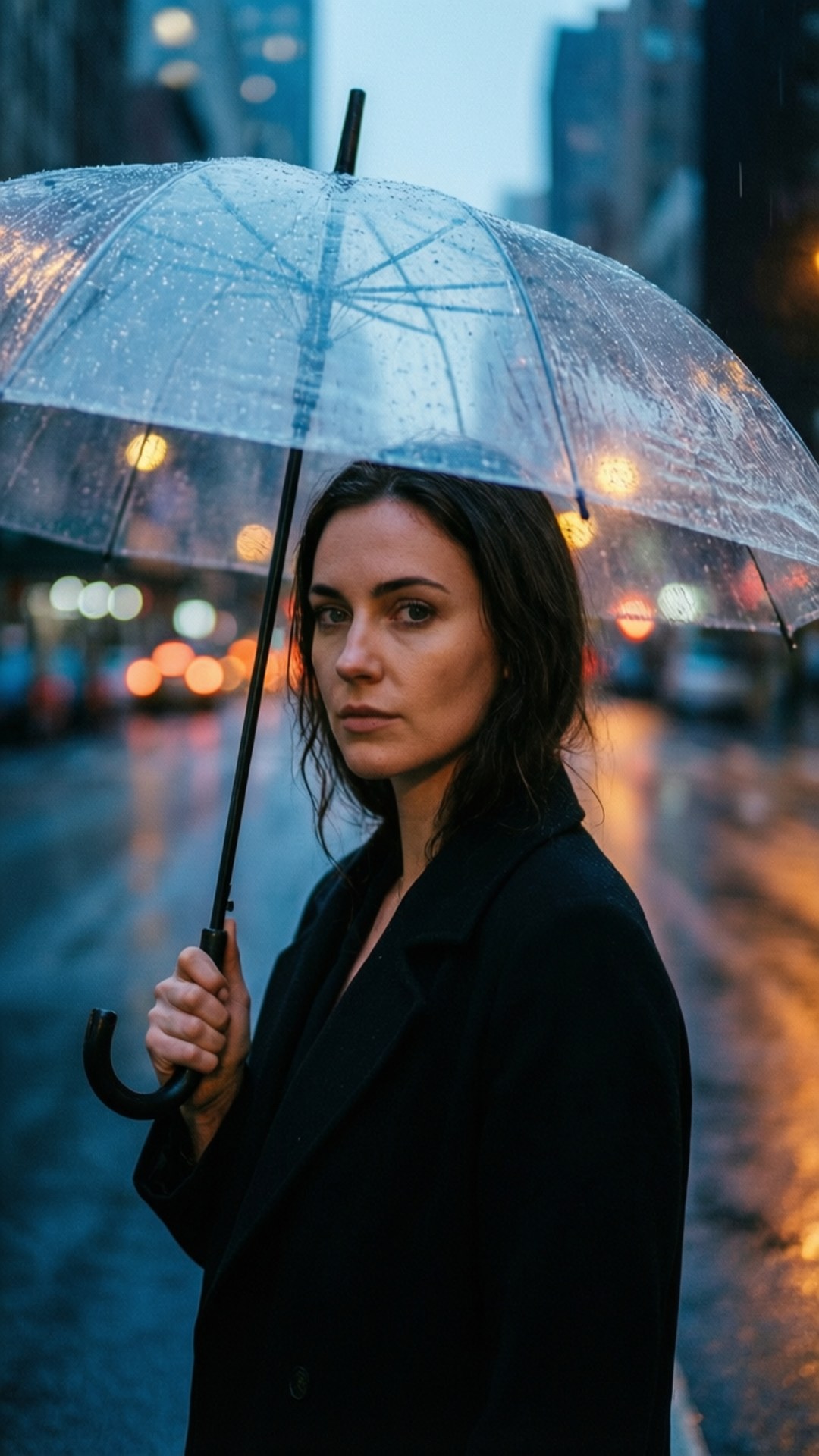 女性在黃昏雨城中持透明雨傘，燈光閃爍。