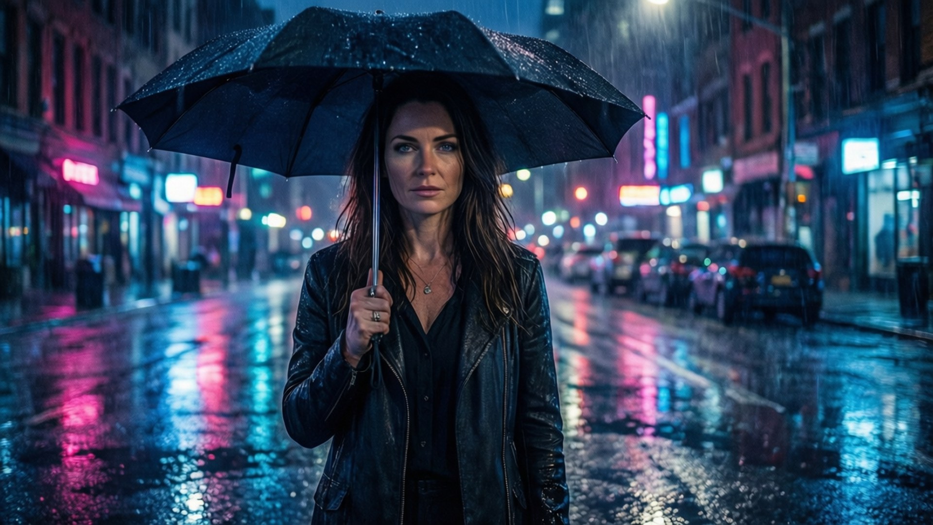 女子在雨夜霓虹城市中撐傘