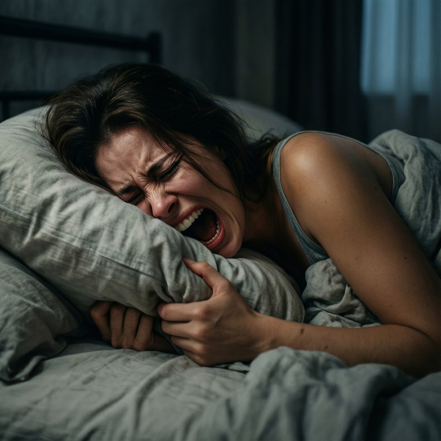 Anguish 桌布 壁紙 — 一名女性在床上緊抱枕頭，在昏暗、充滿氛圍的燈光下痛苦尖叫。