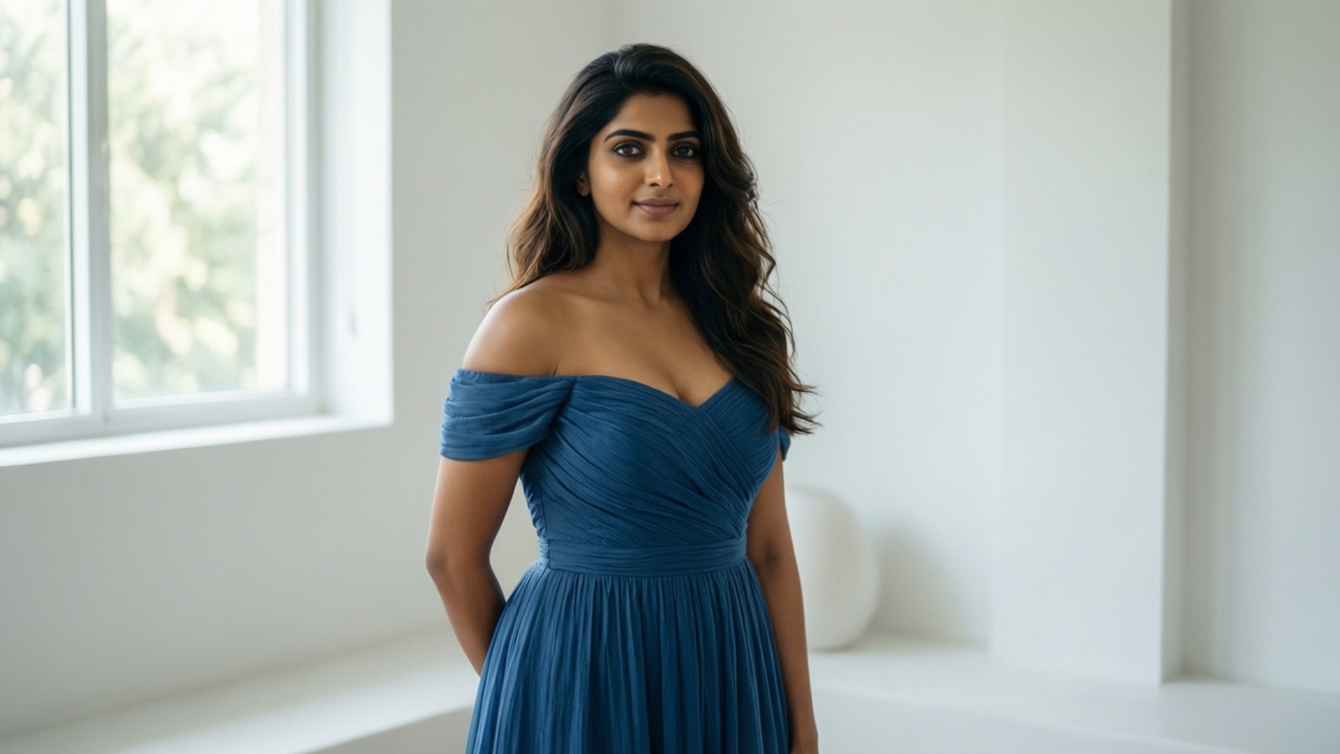 Blue Off-Shoulder Serenity 壁紙 — 一位身穿藍色露肩連衣裙的女性站在簡約白色房間的明亮窗邊。