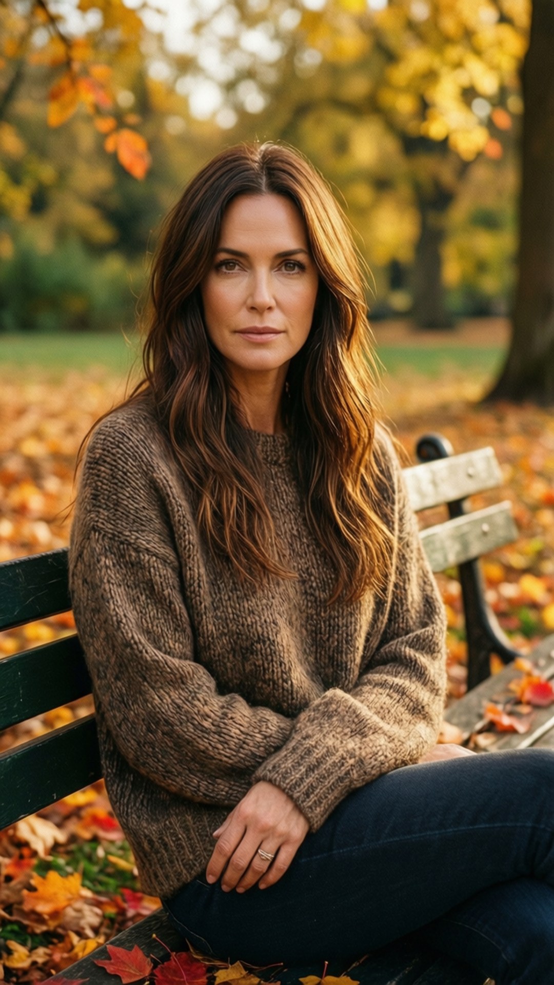 Autumn Cozy 壁紙 — 一位長棕髮的女性在柔和的日光下，靜靜地坐在公園長椅上，周圍是金色的秋葉。