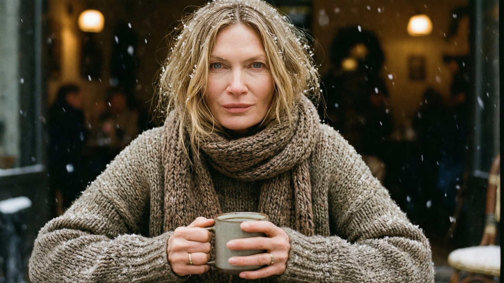 Kate Moss 桌布 壁紙 — 一位穿著舒適針織毛衣和圍巾的女性，在溫暖燈光的咖啡館窗前，手握馬克杯，雪花輕輕飄落在她周圍。