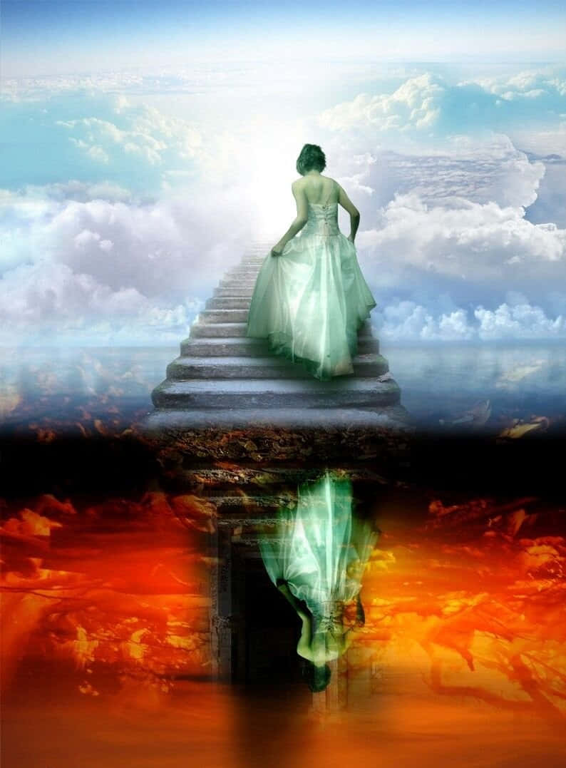 神聖的沉浸 壁紙 — 一位身穿飄逸長袍的女子穿過雲層踏上石階走向光明，而她的倒影則墮入下方熾熱的深淵。