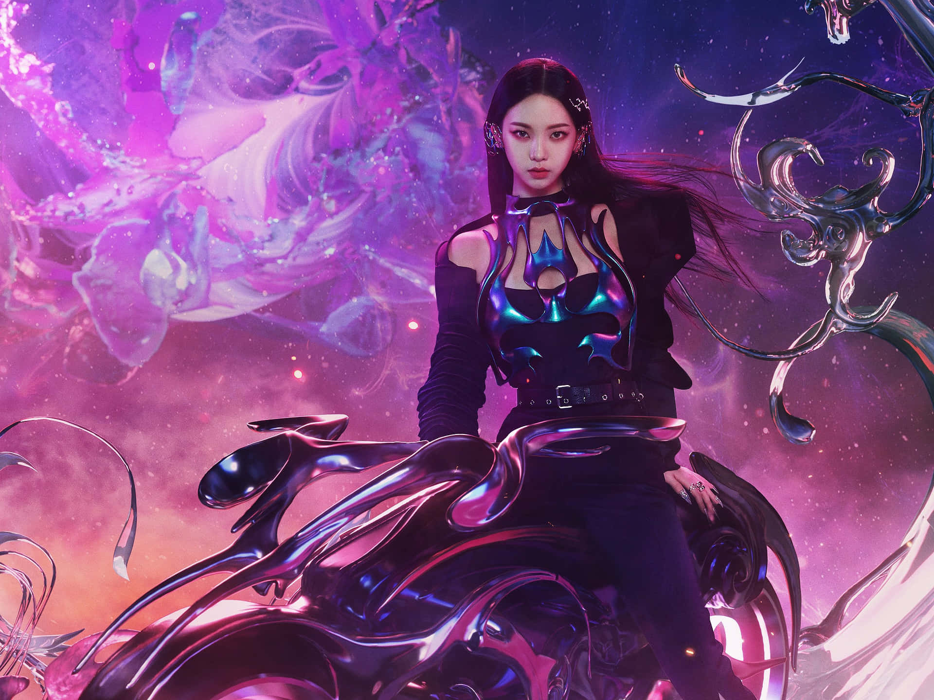 在宇宙星雲中，穿著未來服飾的女性騎著科幻電單車。