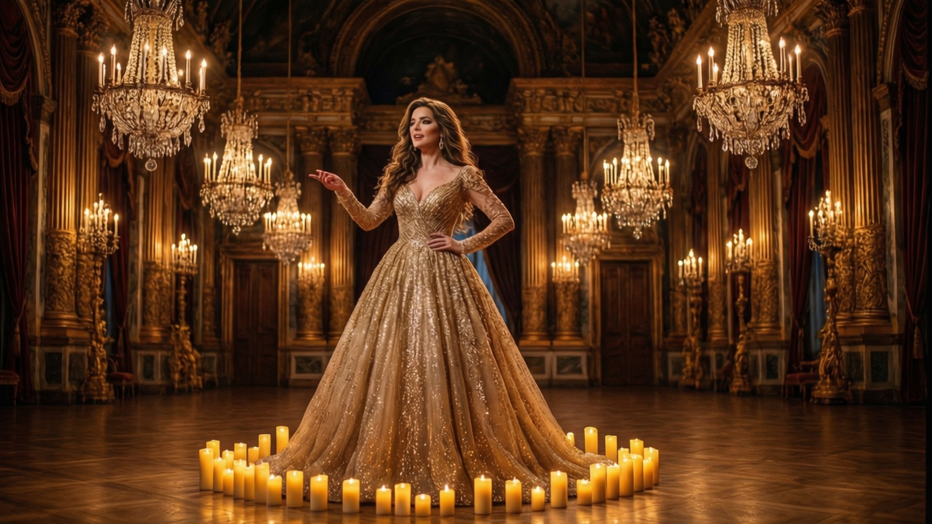 Anastasia Musical 桌布 壁紙 — 一位身穿閃閃發光金色長裙的女性，優雅地站在由吊燈和蠟燭照亮的大皇宮大廳中。