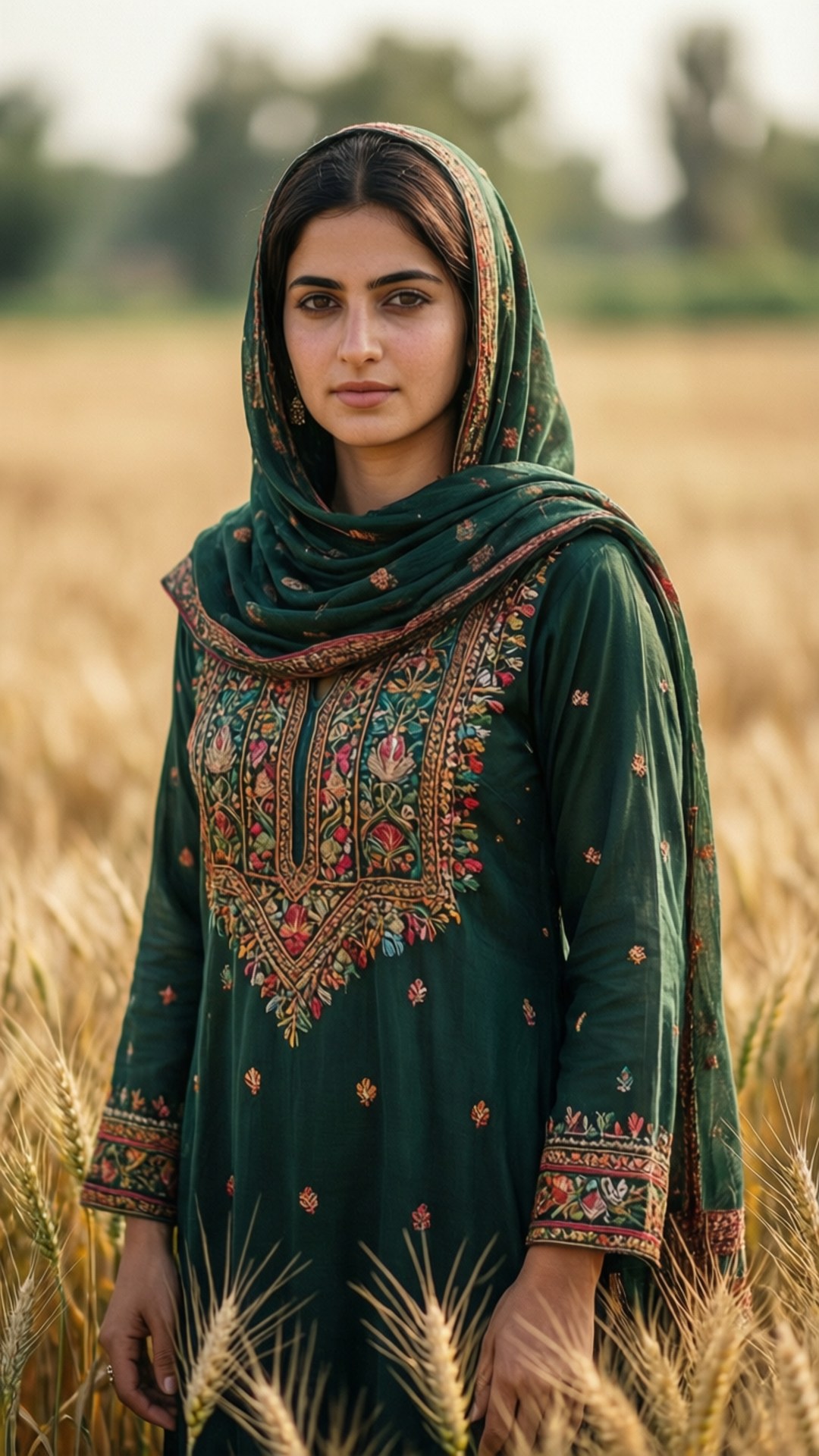 Pakistan 桌布 壁紙 — 一位身穿綠色刺繡服裝和頭巾的女性，在柔和日光下平靜地站在金色麥田中。