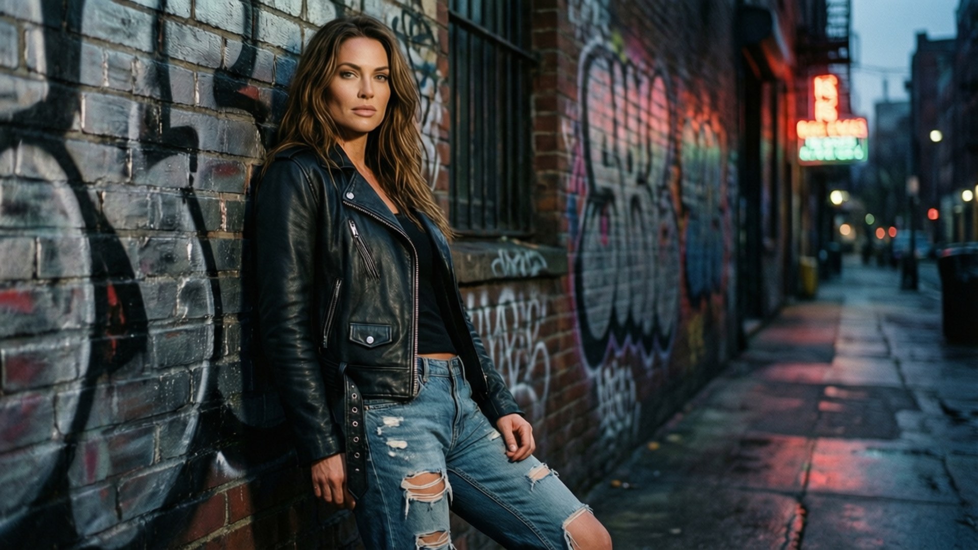 Brooke Hyland 桌布 壁紙 — 一名身穿黑色皮褸和破洞牛仔褲的女子，在黃昏時分靠在一條霓虹燈照亮的城市小巷中佈滿塗鴉的磚牆上。