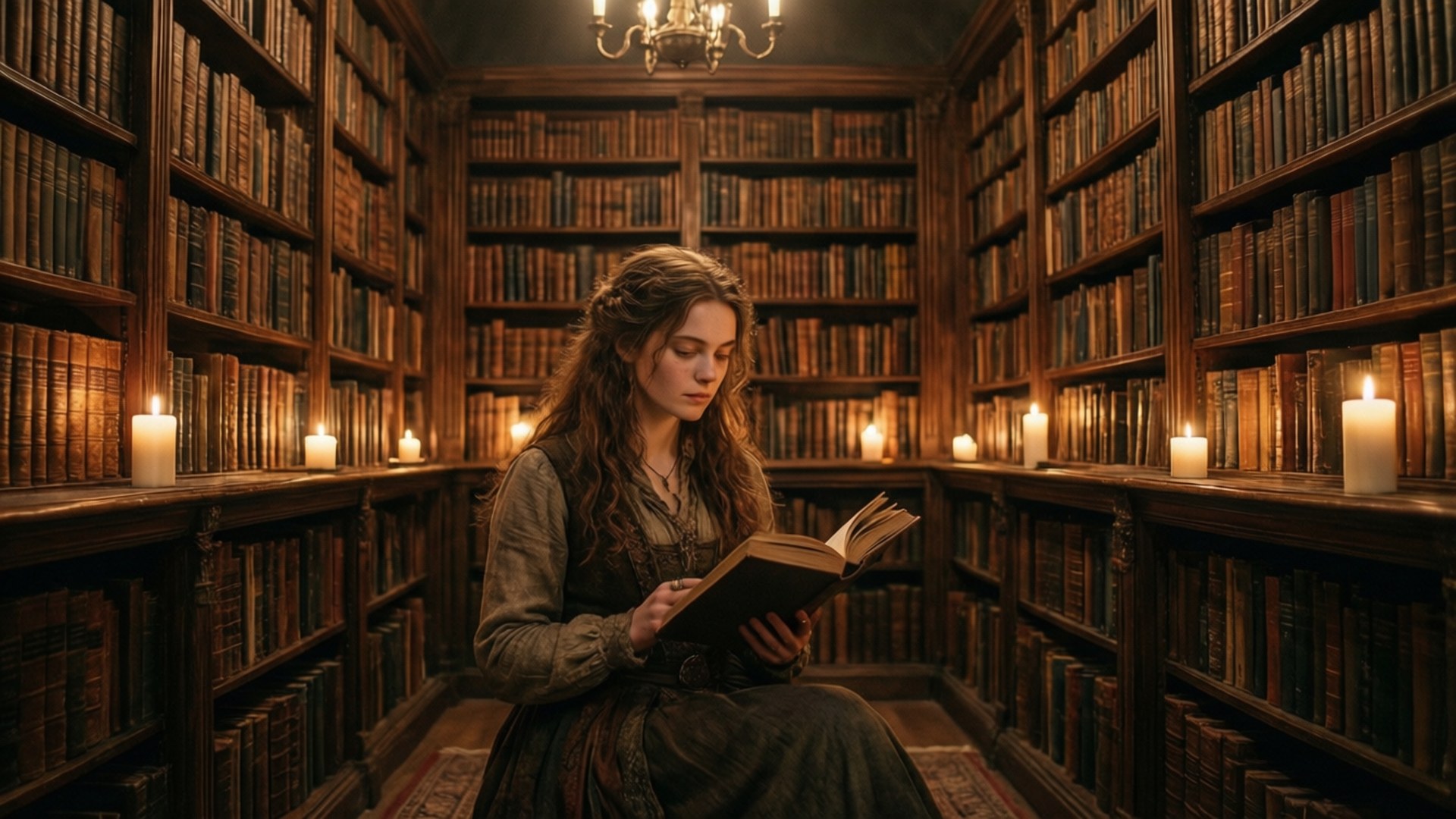 身穿中世紀連衣裙的女性在燭光圖書館中閱讀，周圍有高大的木質書架。