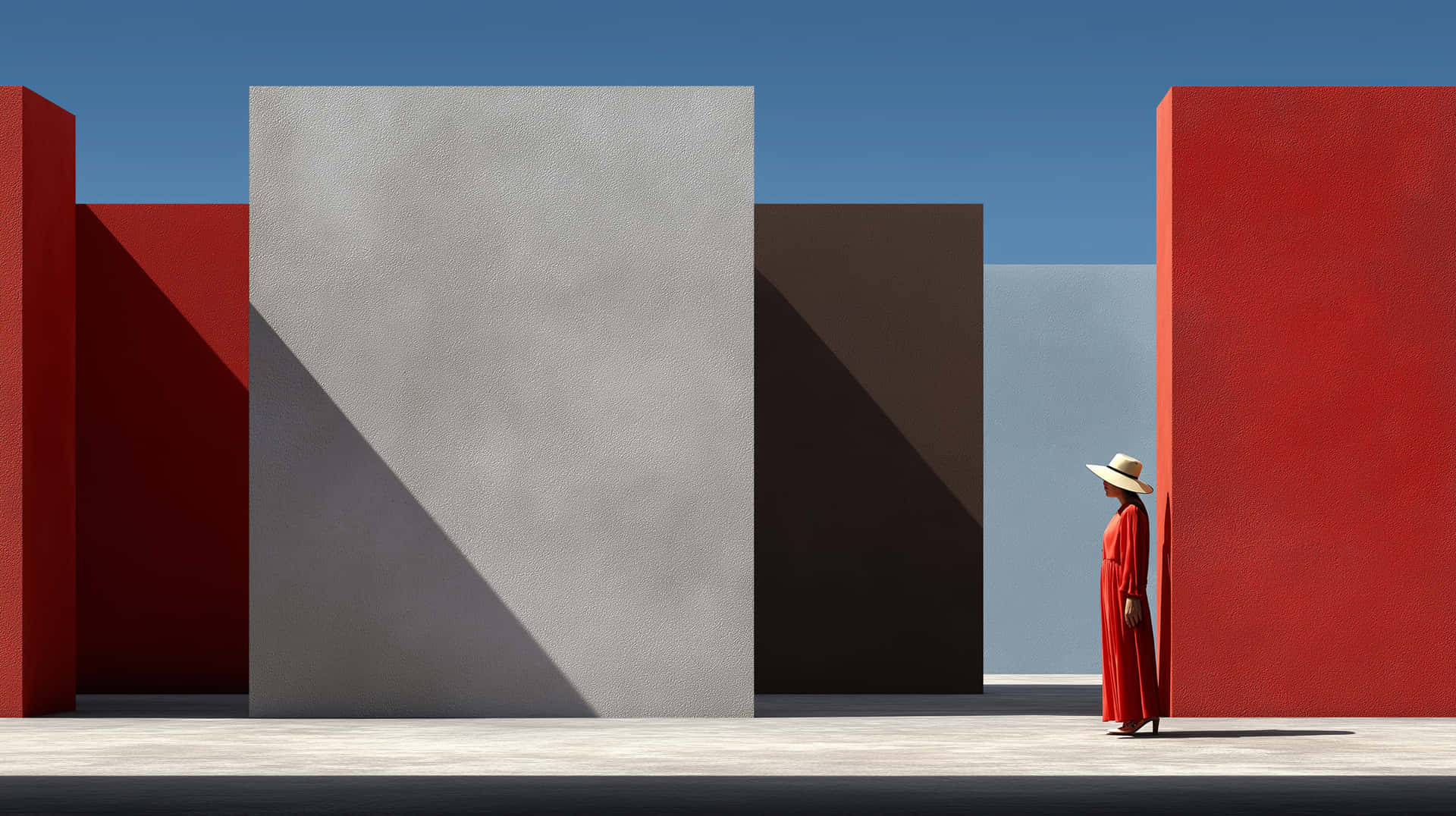 Woman in Red Amidst Bold Geometric Architectural Forms 壁紙 — 一個孤獨的身影，身穿紅色連衣裙和草帽，站在晴朗藍天下高聳的紅牆旁，周圍環繞著紅色、灰色和棕色的幾何方塊。