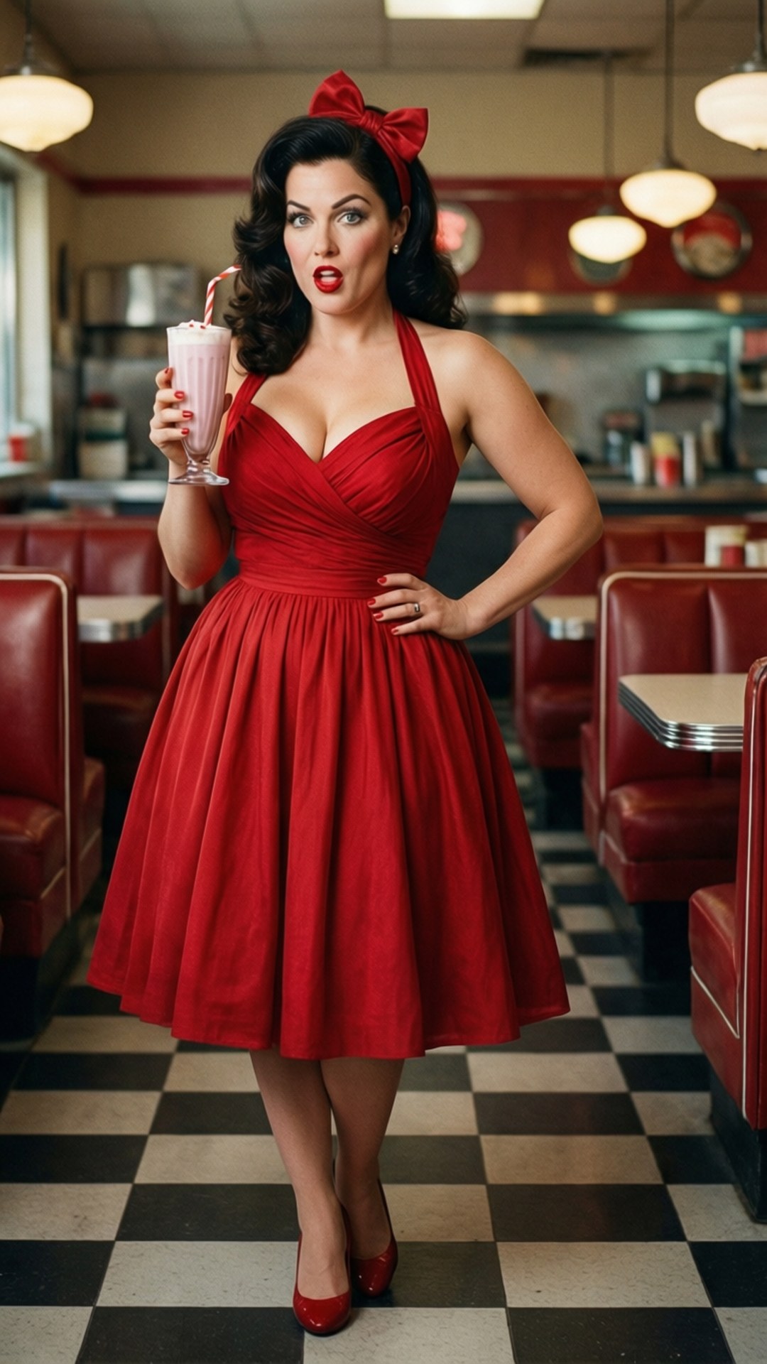 Retro Diner Pin-up 壁紙 — 一位身穿鮮紅色1950年代連衣裙的女性，在帶有棋盤地板和紅色卡座的復古餐廳中手持奶昔。