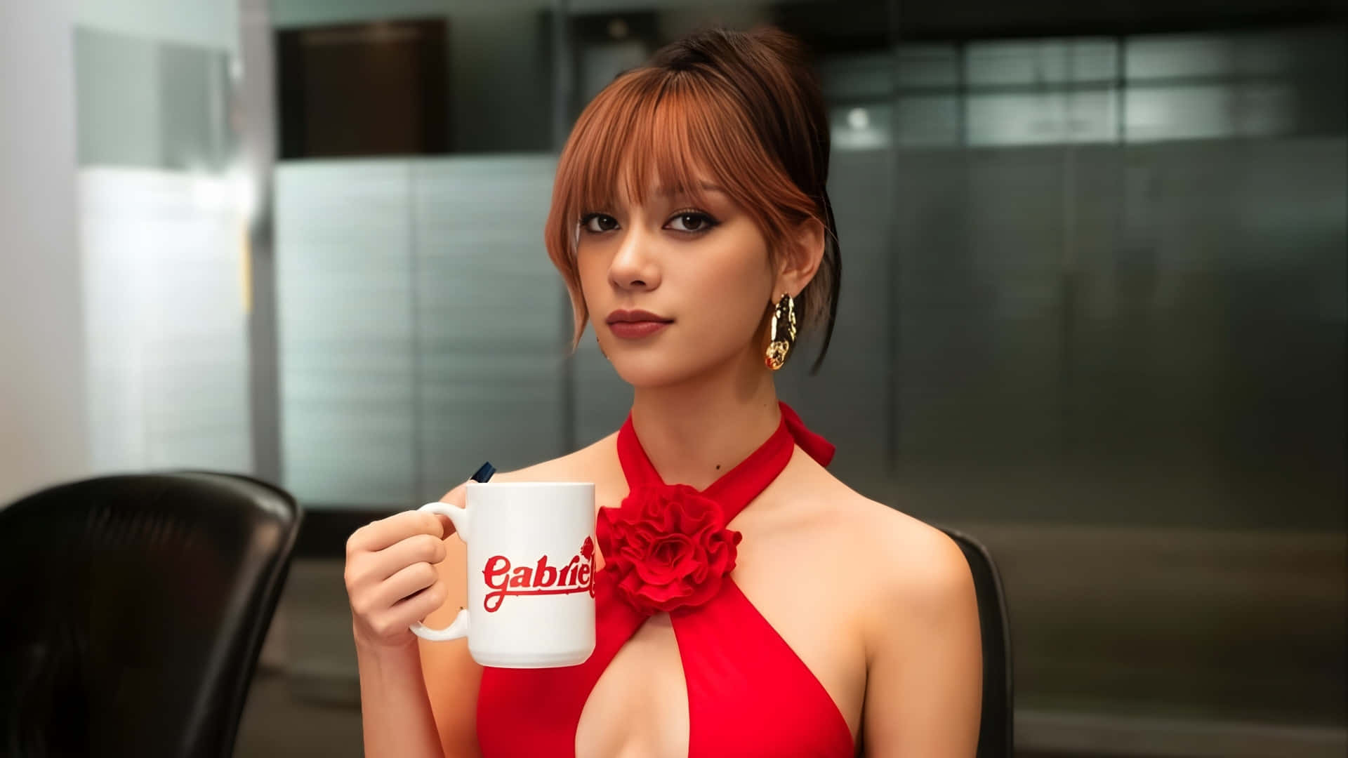  壁紙 — 一位身穿紅色連衣裙的女性在現代辦公室環境中拿著一個印有她名字的白色馬克杯。