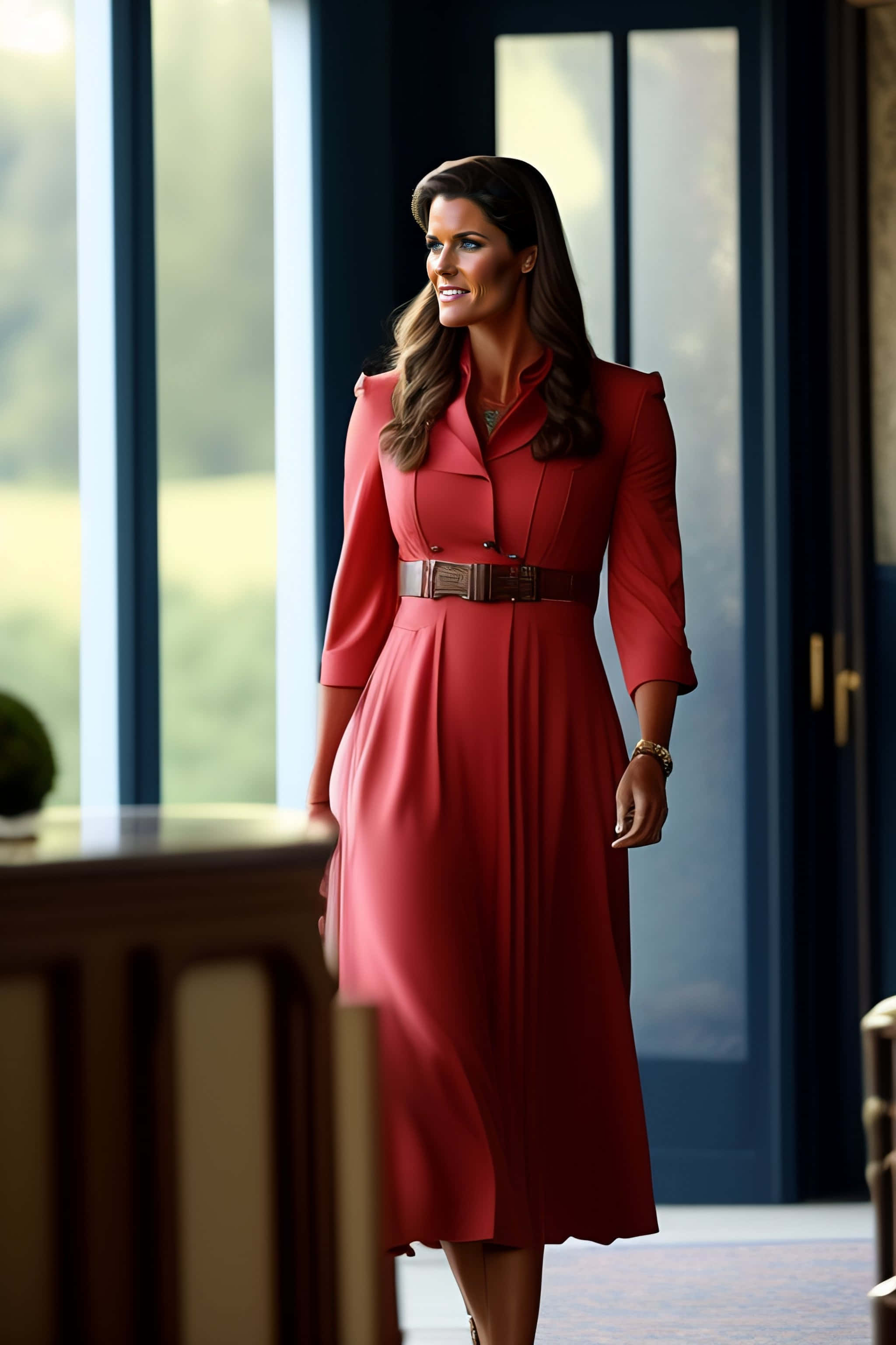 Sarah Lancaster 桌布 壁紙 — 一位身穿紅色連衣裙、繫著棕色腰帶的女性，在現代室內設計的大窗戶旁微笑站立。