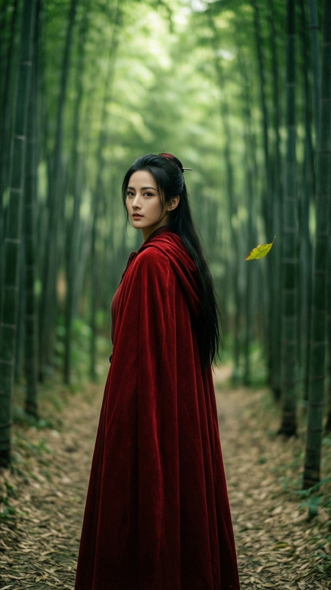 Shaw Brothers Studio 桌布 壁紙 — 一位身穿飄逸紅色天鵝絨斗篷的女性，站在寧靜的竹林裡，陽光穿過高高的綠色竹竿灑落下來。