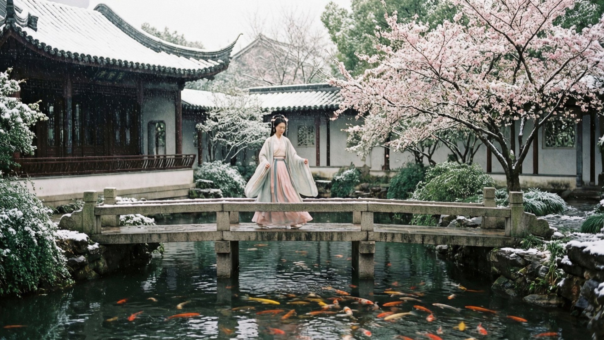 Shenhe 桌布 壁紙 — 一位穿著傳統長袍的女性站在雪中日本花園裡櫻花樹下的錦鯉池上的石橋上。