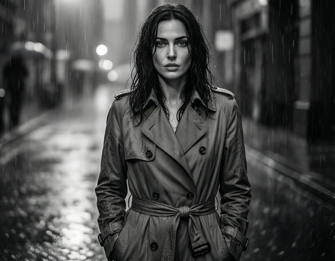 Vanessa Kirby 桌布 壁紙 — 一位穿著風衣的女性在昏暗街燈下，堅定地站在被雨水浸濕的城市街道上。