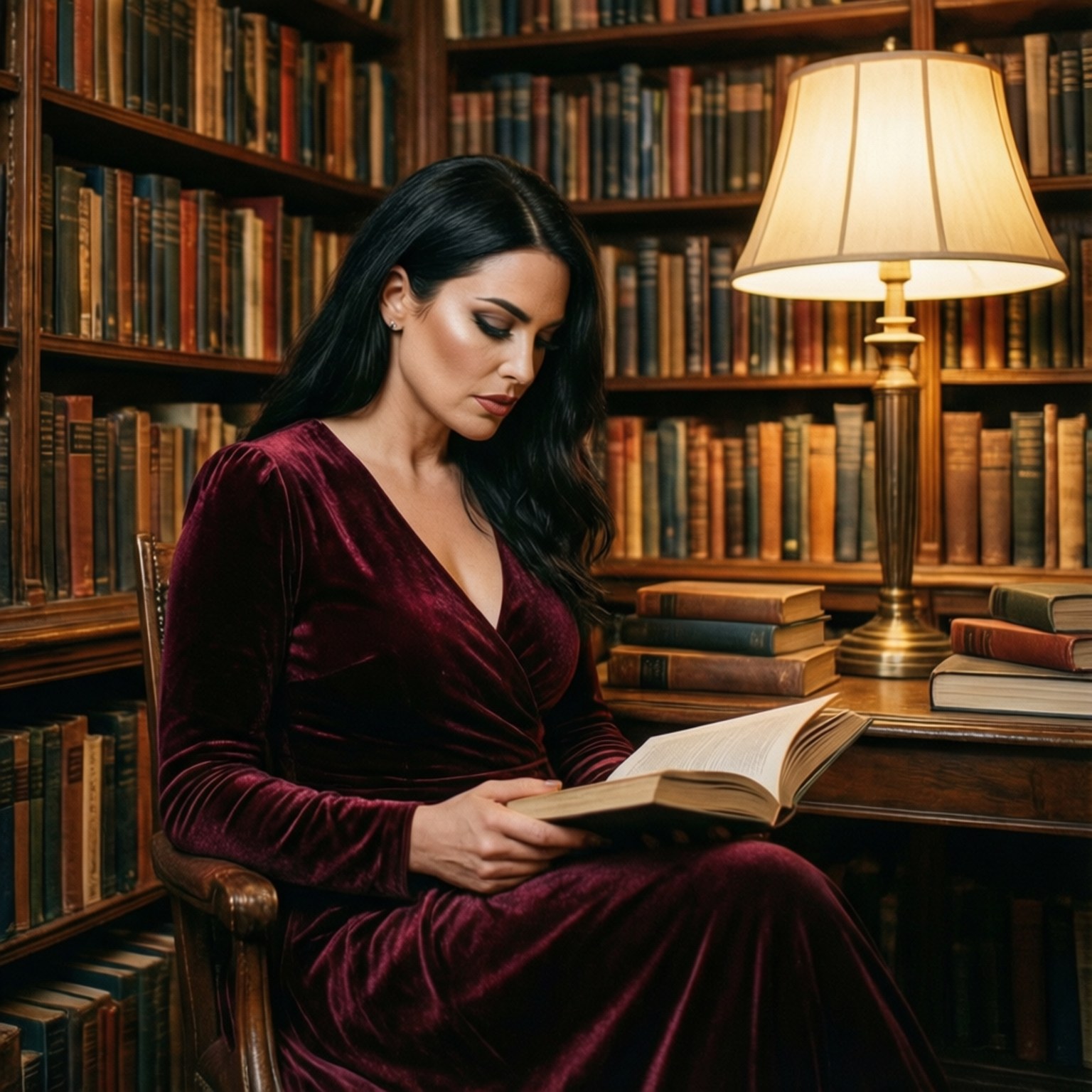 Marina And The Diamonds 桌布 壁紙 — 一位身穿深紅色天鵝絨連衣裙的女性在溫暖的燈光下，在一個充滿木書架的舒適圖書館裡看書。