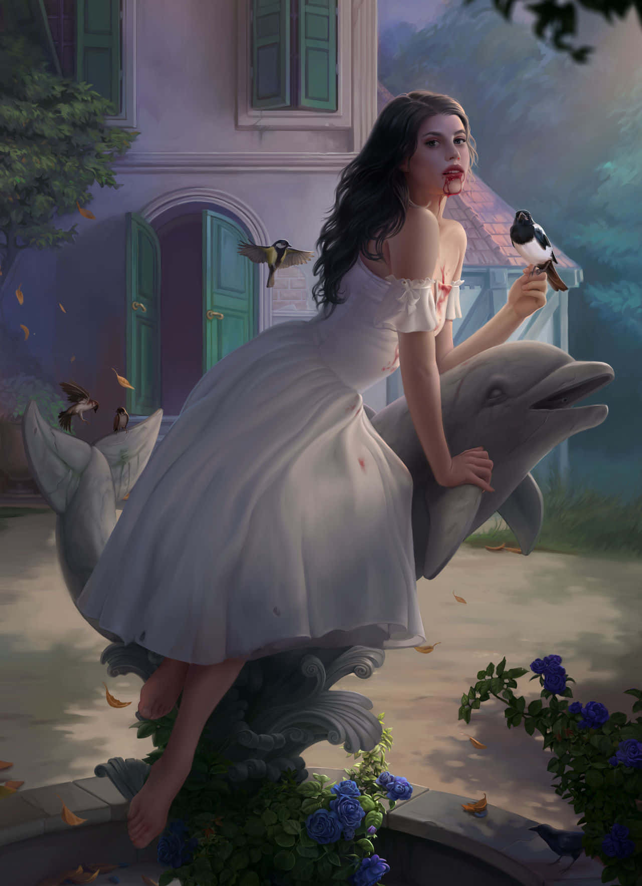  壁紙 — 一位身穿白色連衣裙的女性在暮色中的花園裡騎著海豚雕像，周圍有鳥和藍玫瑰。