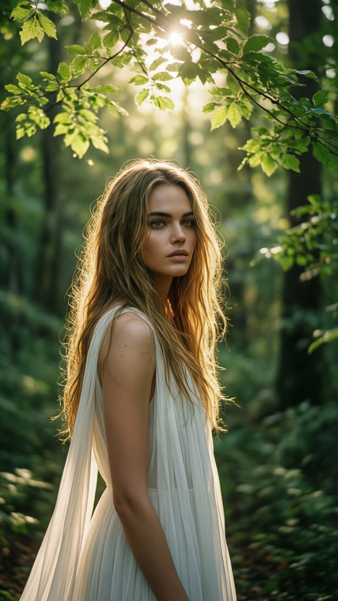 Cara Delevingne 桌布 壁紙 — 一位身穿飄逸白色連衣裙的女子站在陽光明媚的森林中，金色的光線透過她頭頂的綠葉灑落下來。
