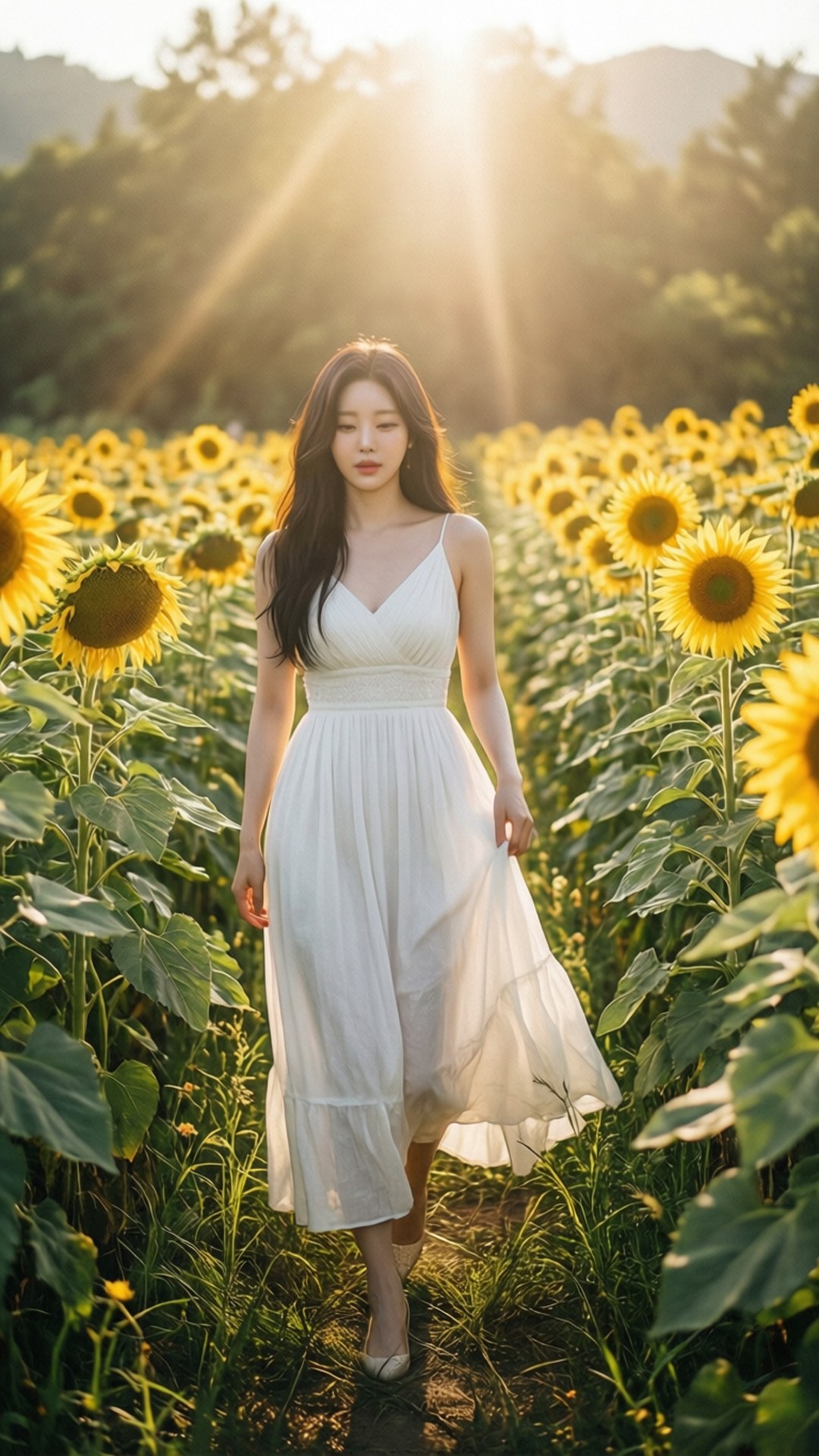 身穿白色連衣裙的女子在金色日落時分漫步於向日葵之間。