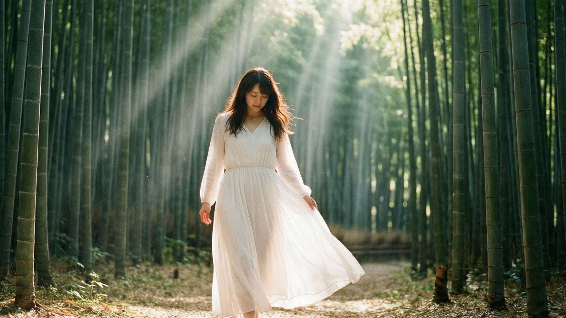 Nikki Hanada 桌布 壁紙 — 一位身穿飄逸白色連衣裙的女性走過竹林，金色的陽光從高大的綠色竹莖之間傾瀉而下。