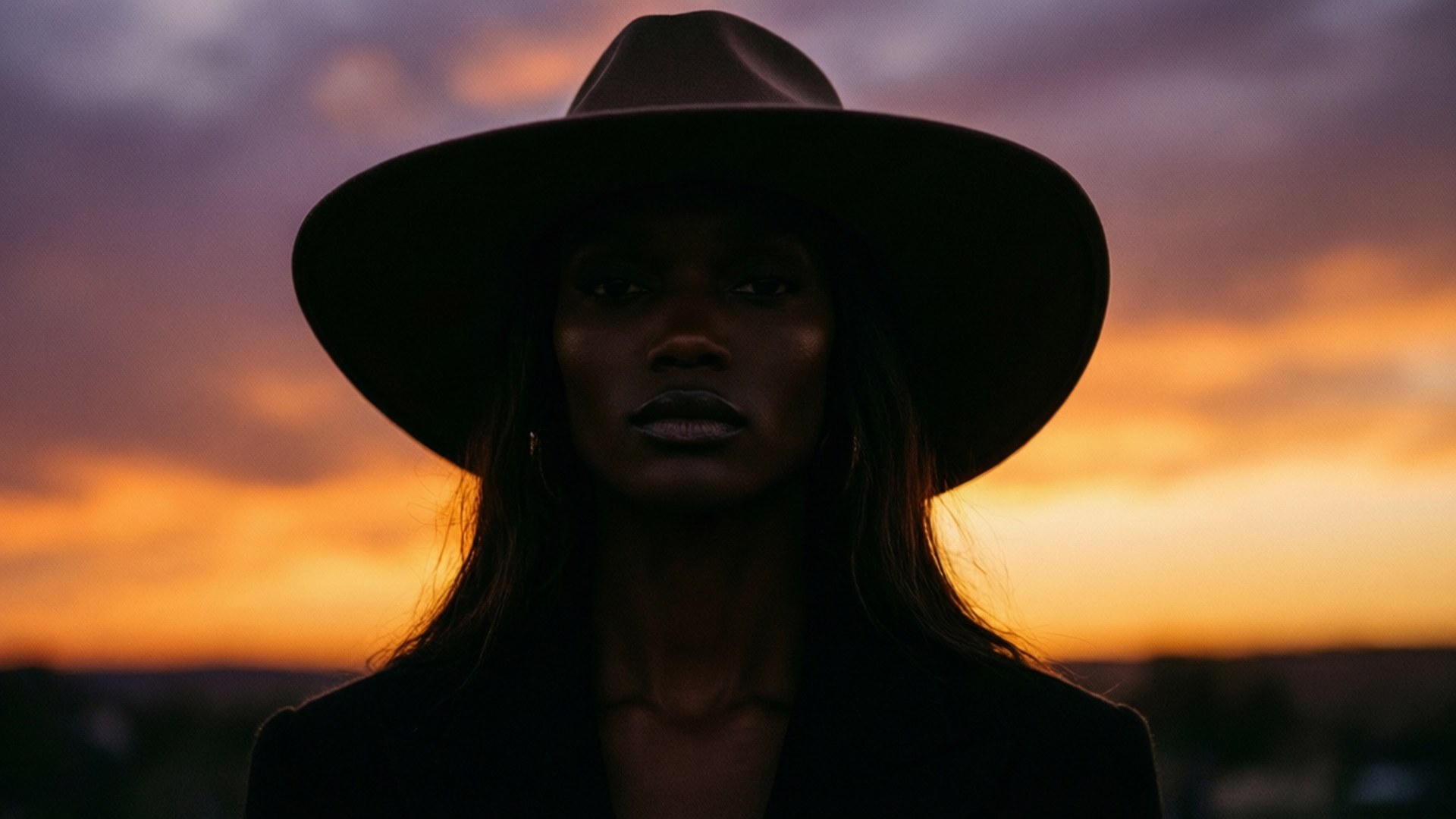Silhouette at Dusk 壁紙 — 一位戴寬邊帽的女性在紫色和橙色雲朵的熾熱日落天空下形成剪影。