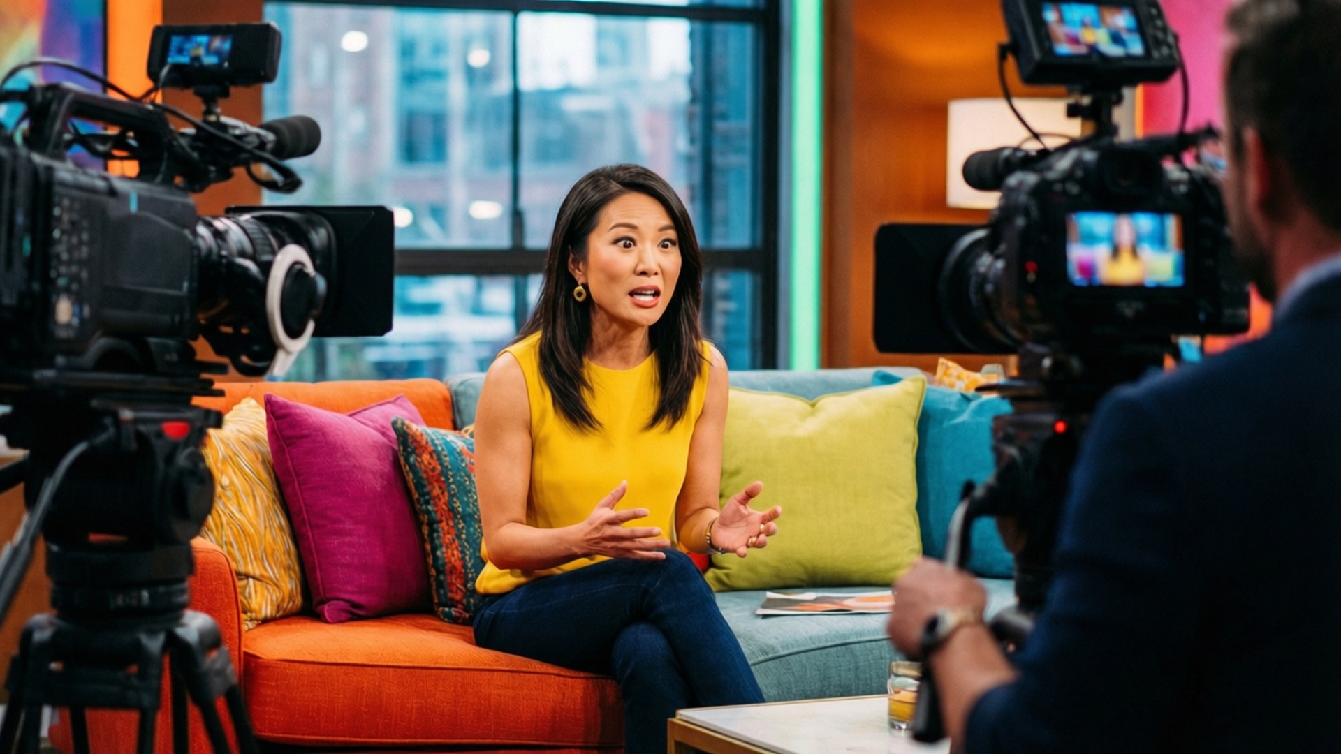 The Talk Co-Host 壁紙 — 一位身穿黃色上衣的女性在色彩繽紛的沙發上，被攝影機包圍，生動地進行電視直播訪問。