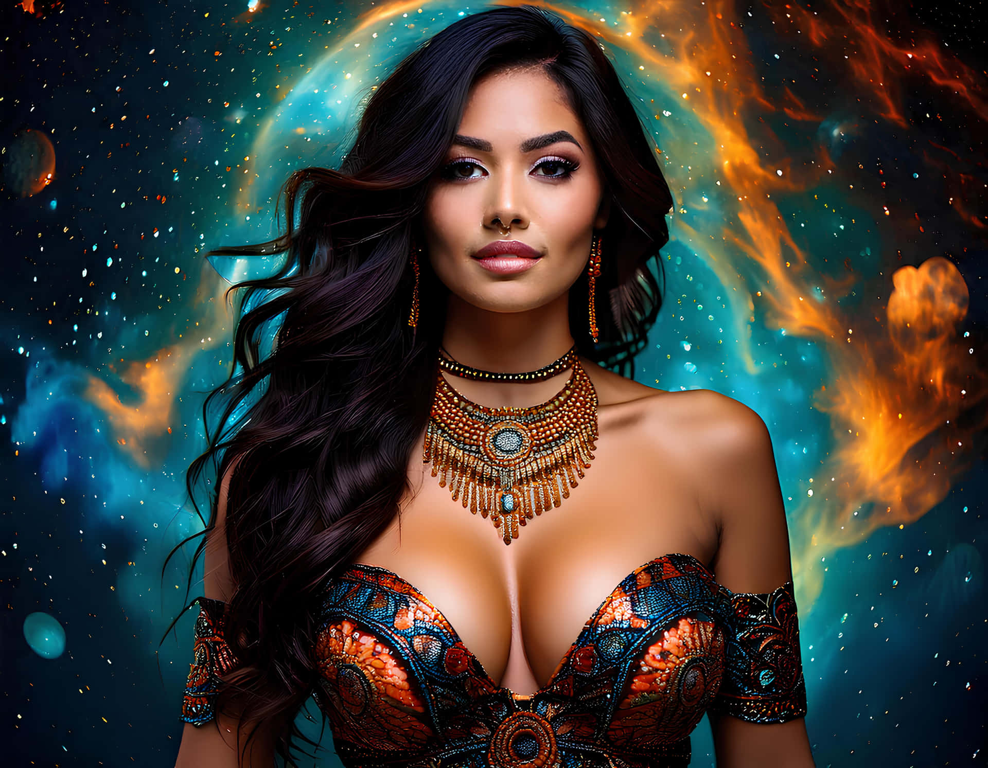 一位戴著華麗金飾和圖案上衣的女性站在宇宙星雲前，有火橙色和青綠色的雲彩。