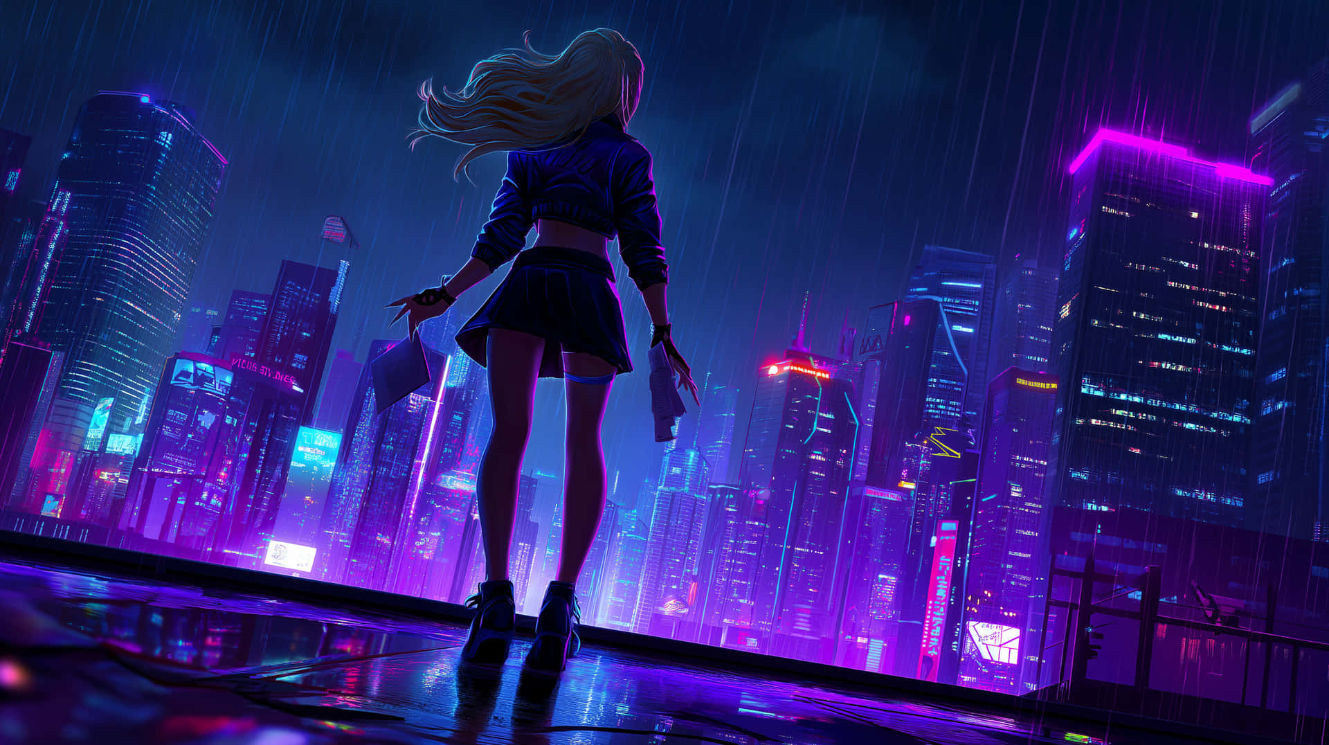 金髮女子身穿深色衣服站在濕漉漉的屋頂上，俯瞰夜晚發光的未來城市