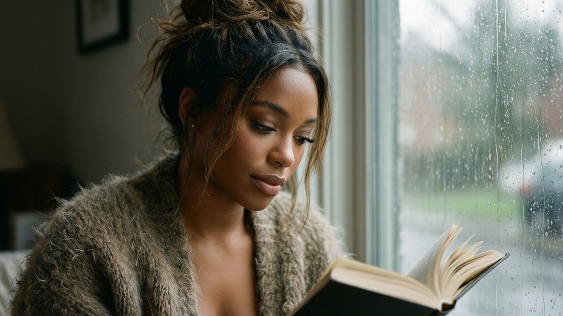 Keke Palmer 桌布 壁紙 — 一位穿著舒適針織開襟衫的女性在室內靠著雨痕斑斑的窗戶看書。