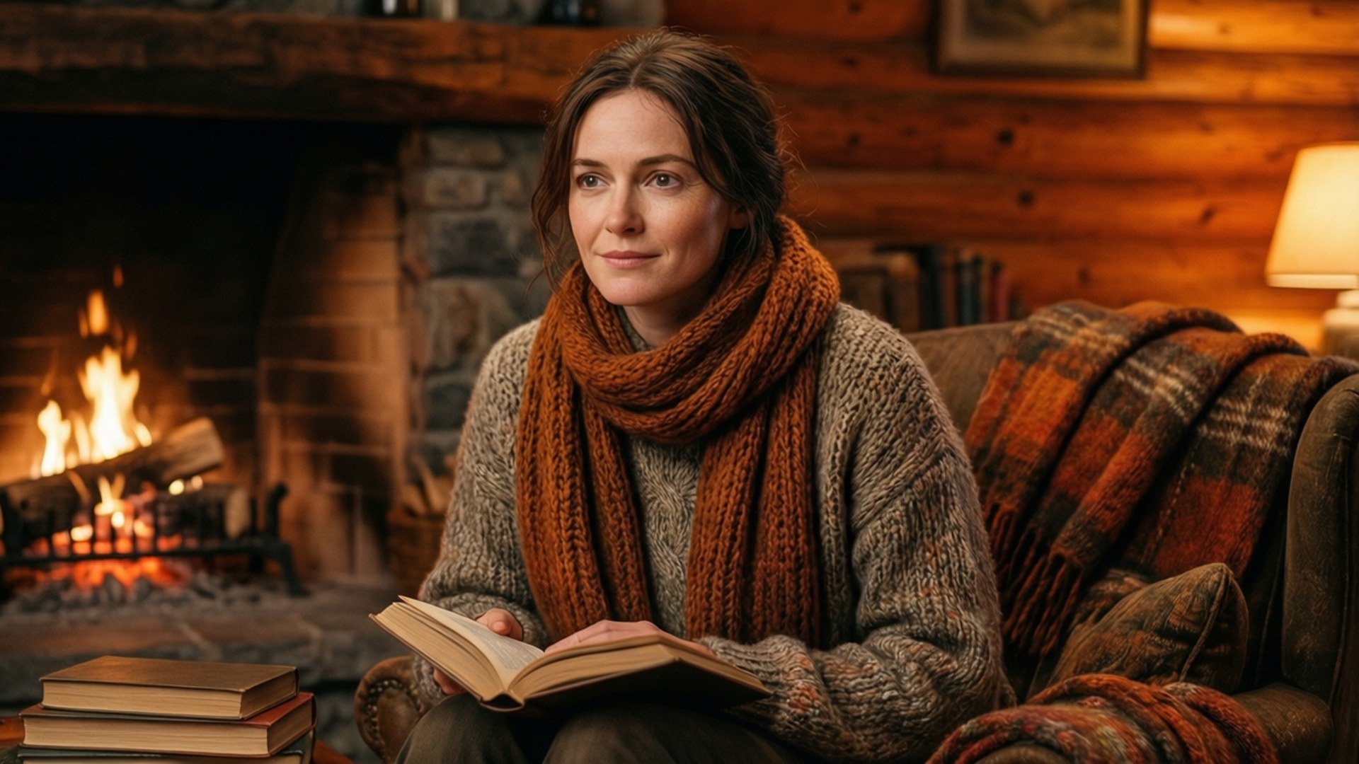 claire foy 桌布 壁紙 — 一位穿著舒適毛衣和圍巾的女性在質樸的木屋裡，在溫暖的壁爐旁閱讀。