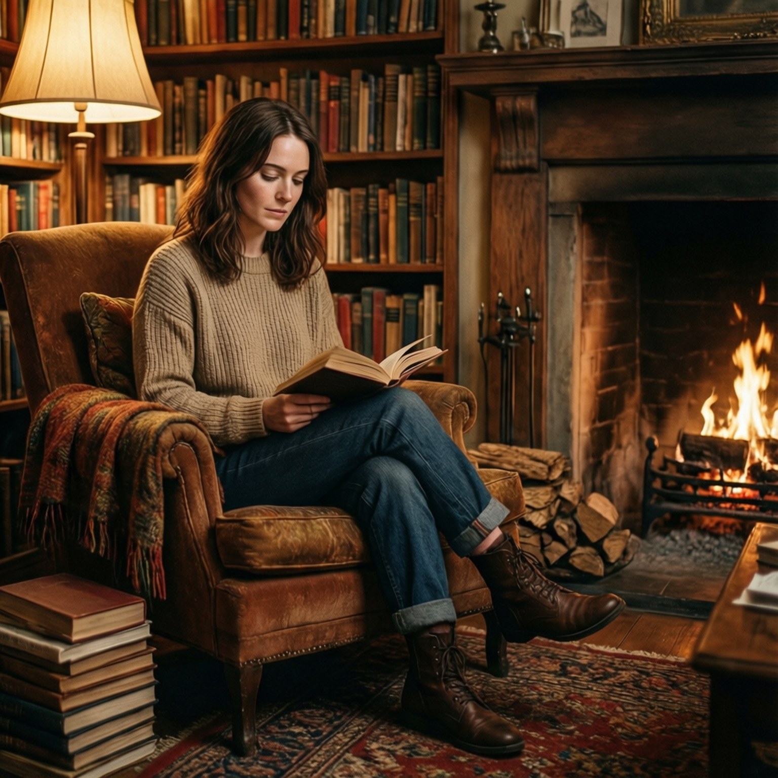 Cozy Library Evening 壁紙 — 一位女士坐在舒適的扶手椅上，旁邊是噼啪作響的壁爐，被書架和溫暖的燈光包圍著閱讀一本書。