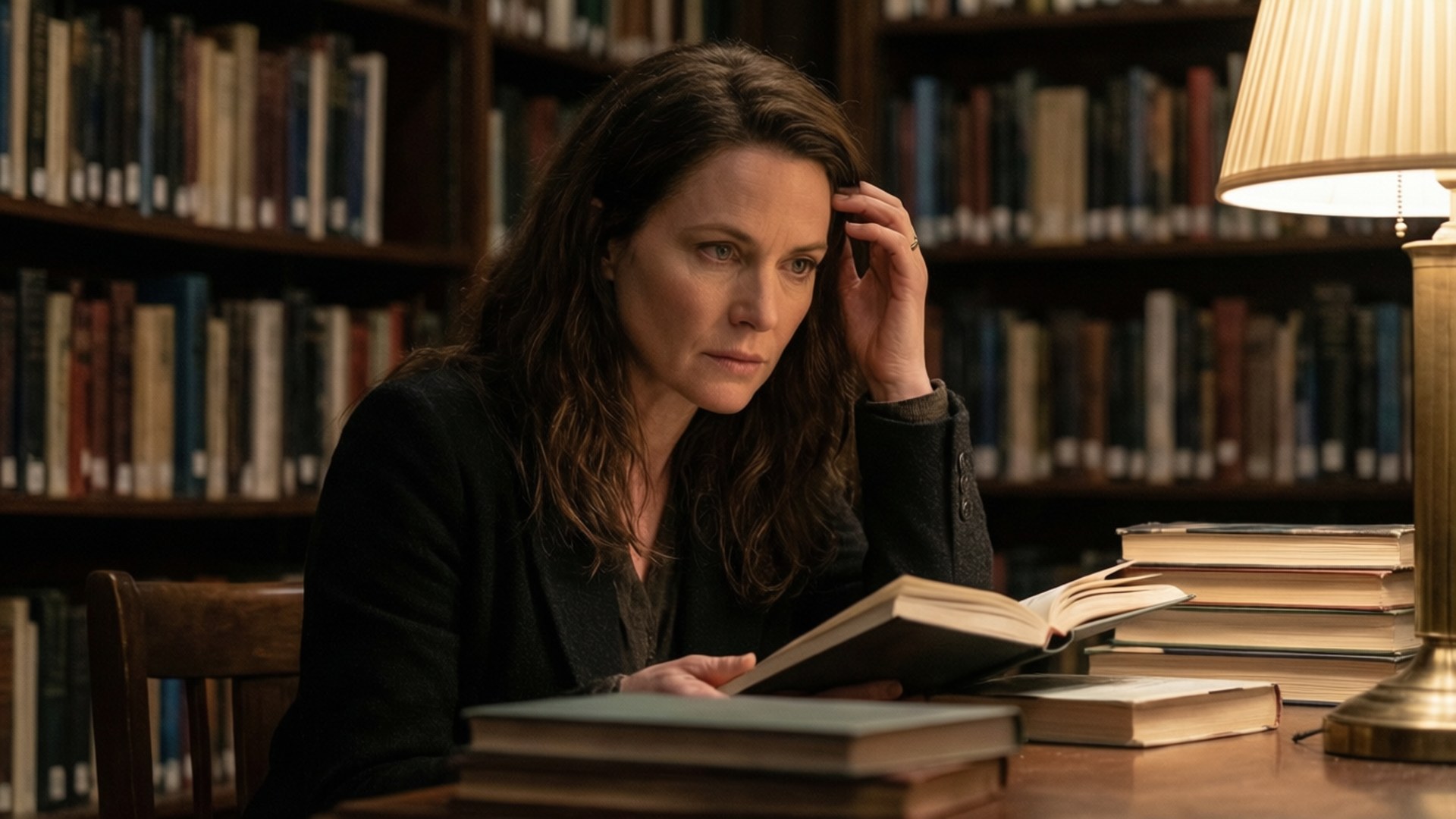 hayley atwell 桌布 壁紙 — 一位女士坐在光線昏暗的圖書館書桌前，周圍是擺滿書籍的書架，正在燈下閱讀一本書。