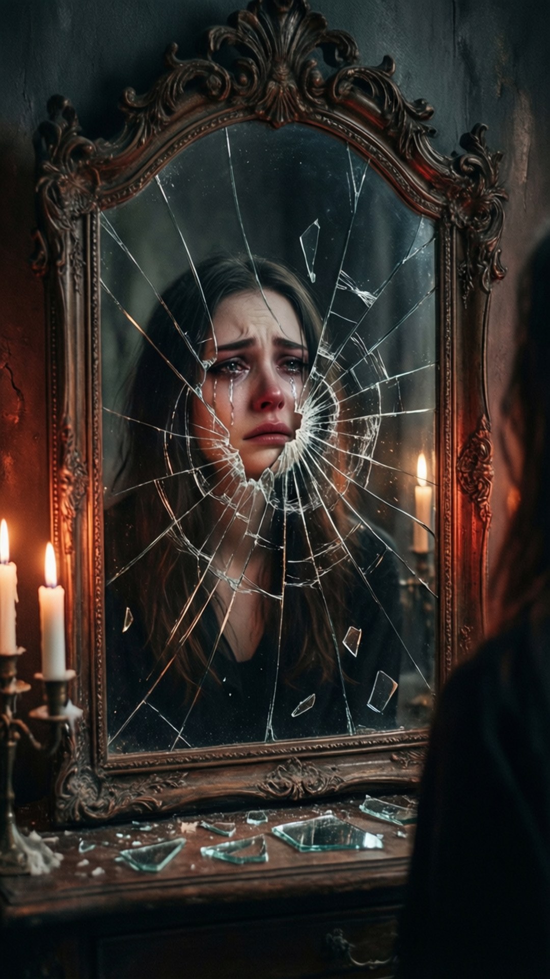 Anguish 桌布 壁紙 — 一名女子痛苦地凝視著自己在華麗鏡子中破碎的倒影，鏡子被搖曳的燭光照亮。