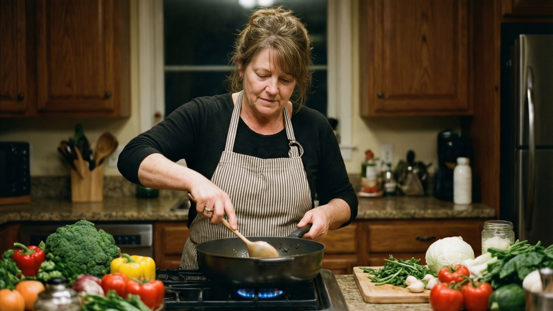 Home Cooking 壁紙 — 一位女士在燃氣爐上攪拌平底鍋，周圍是色彩繽紛的新鮮蔬菜，位於溫馨的木製廚房。